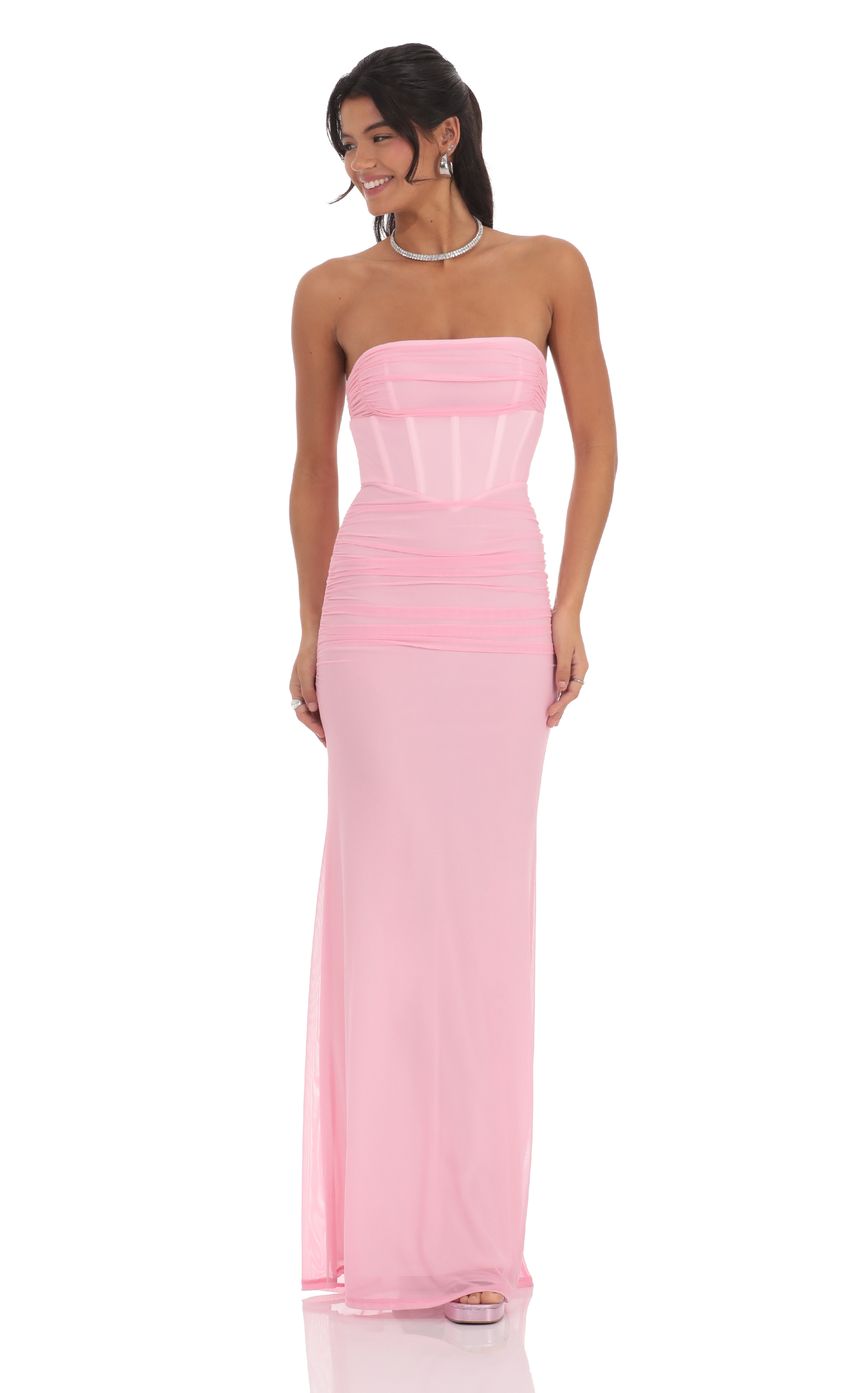 Mesh Strapless Corset Maxi Dress in Pink