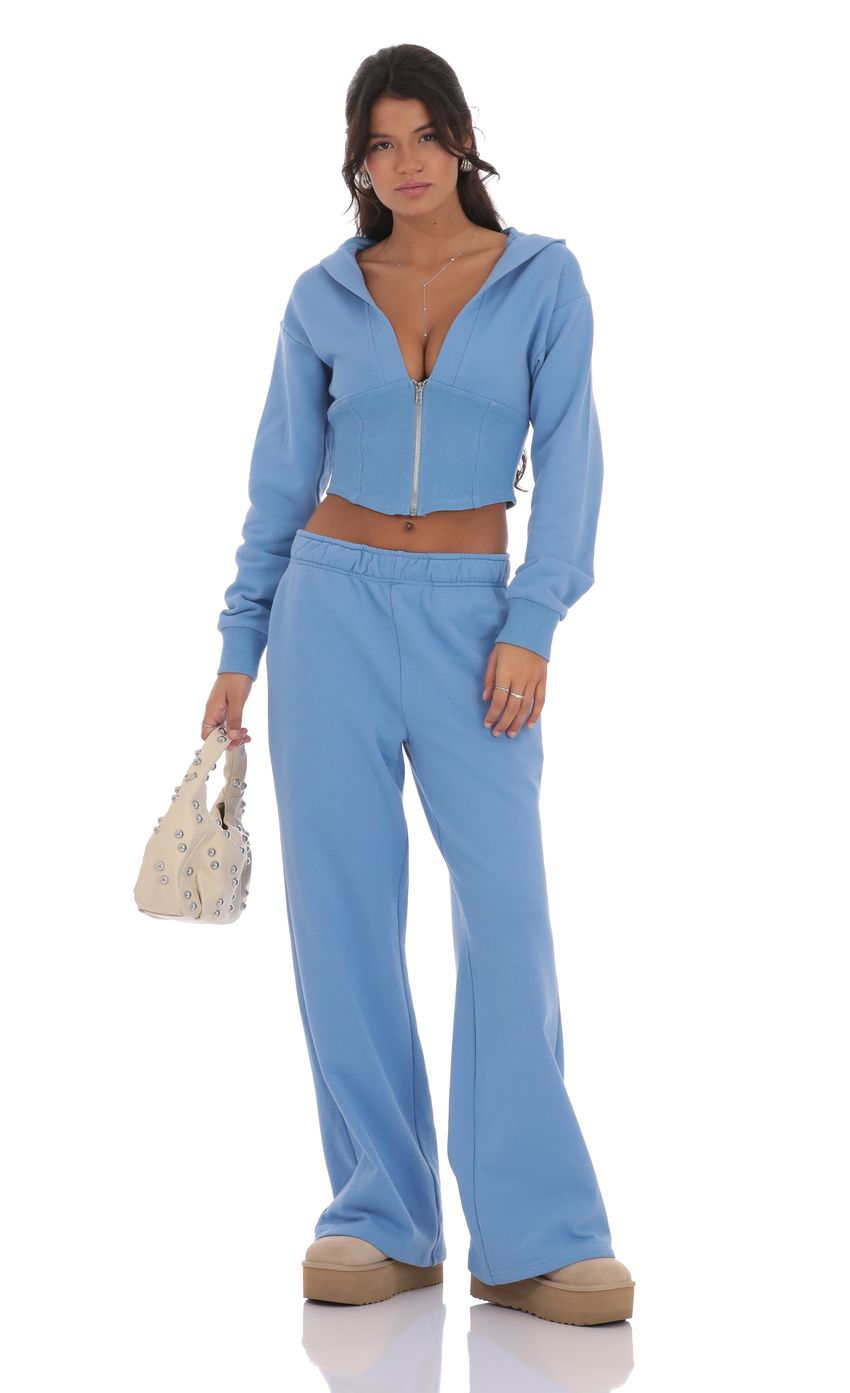 Cropped Pointed Hoodie Sports Suit in Light Blue