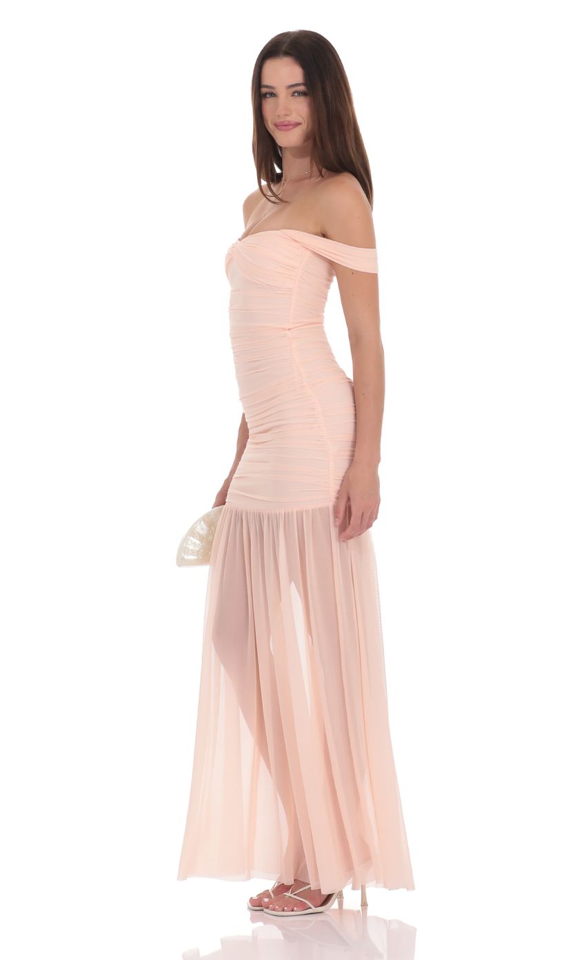 Mesh Off Shoulder Ruched Maxi Dress in Blush Pink