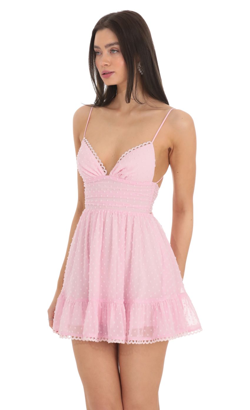 Dotted V-Neck A-line Dress in Pink