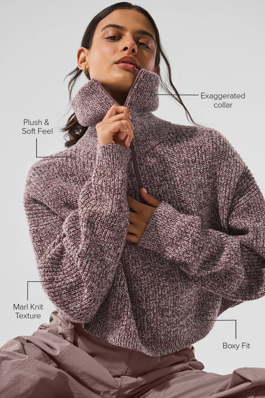 Marl Sweater 1/4 Zip Pullover - Mushroom Marl