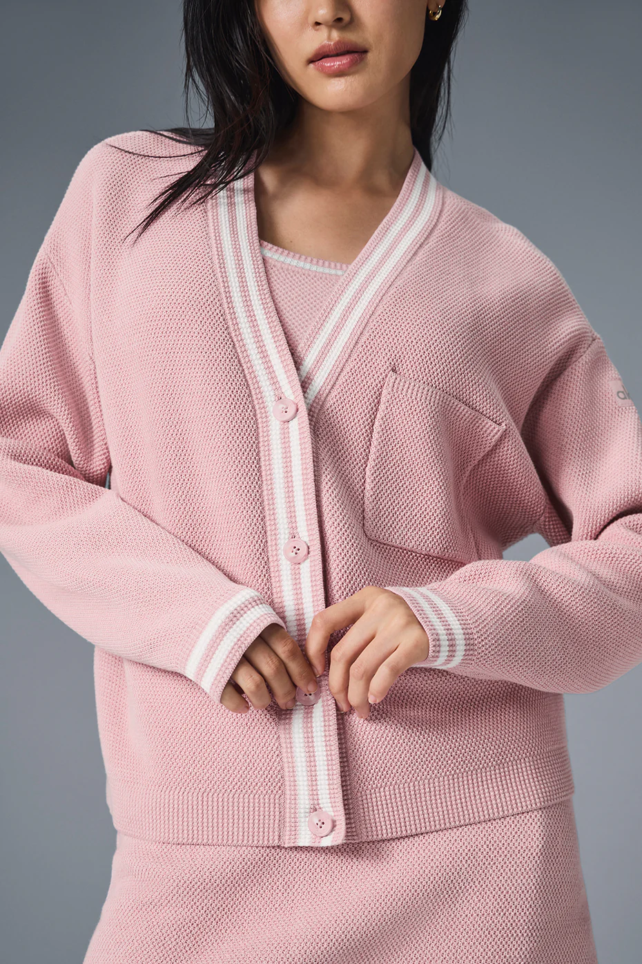 Tennis Club Sweater Knit Cardigan - Ballet Pink/White