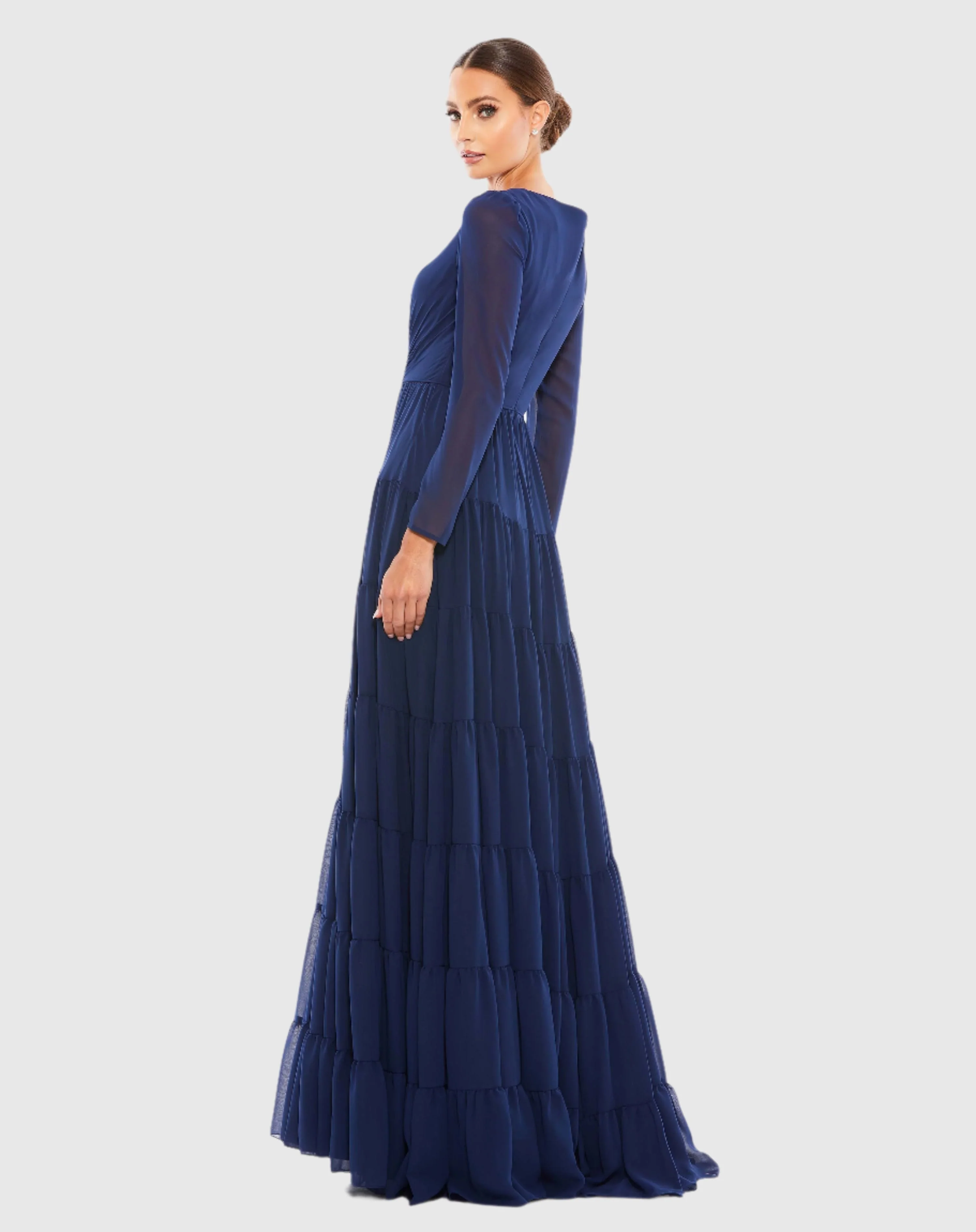Faux Wrap Illusion Long Sleeve Tiered Gown