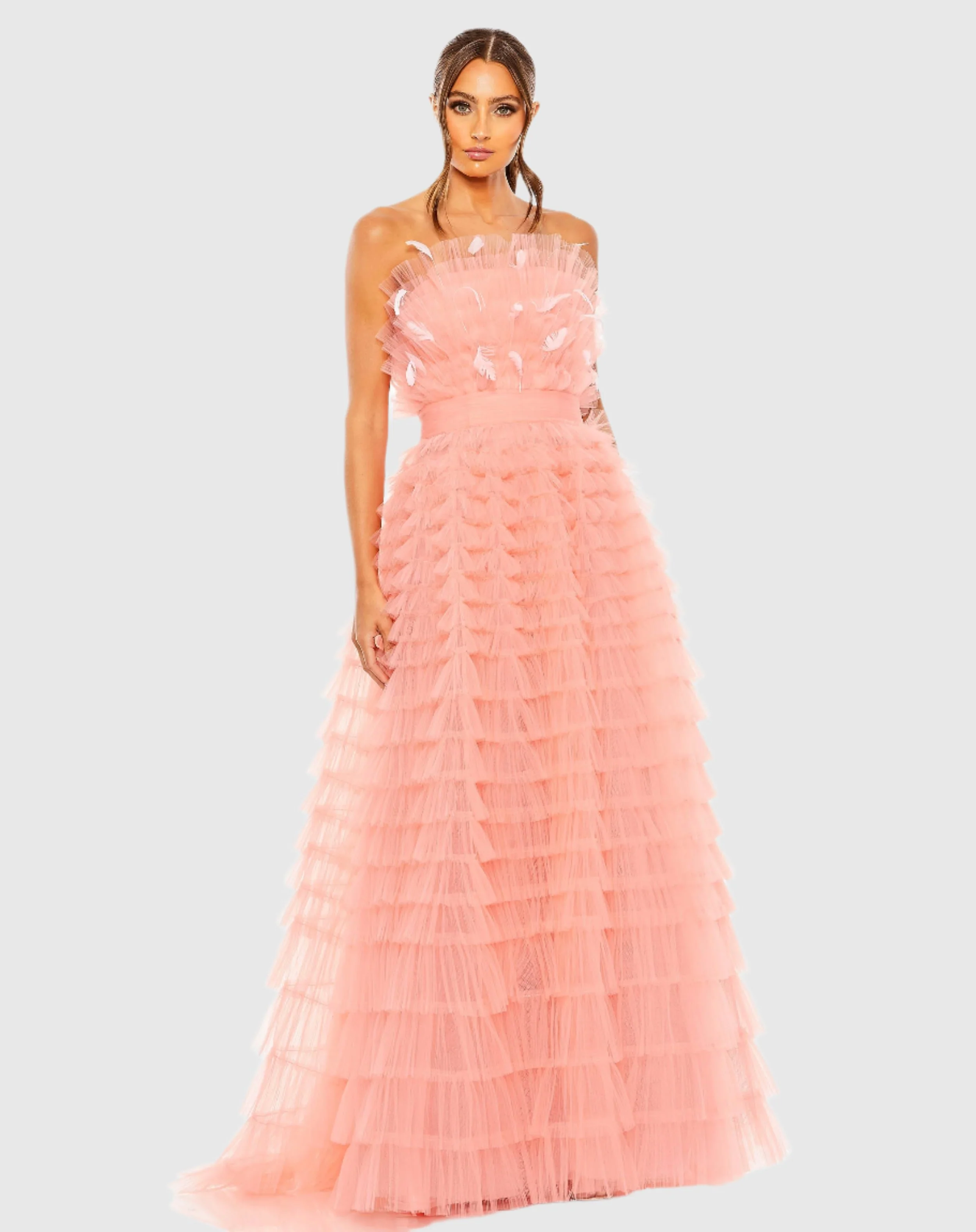 Pink Strapless Ruffle Gown with Feathers