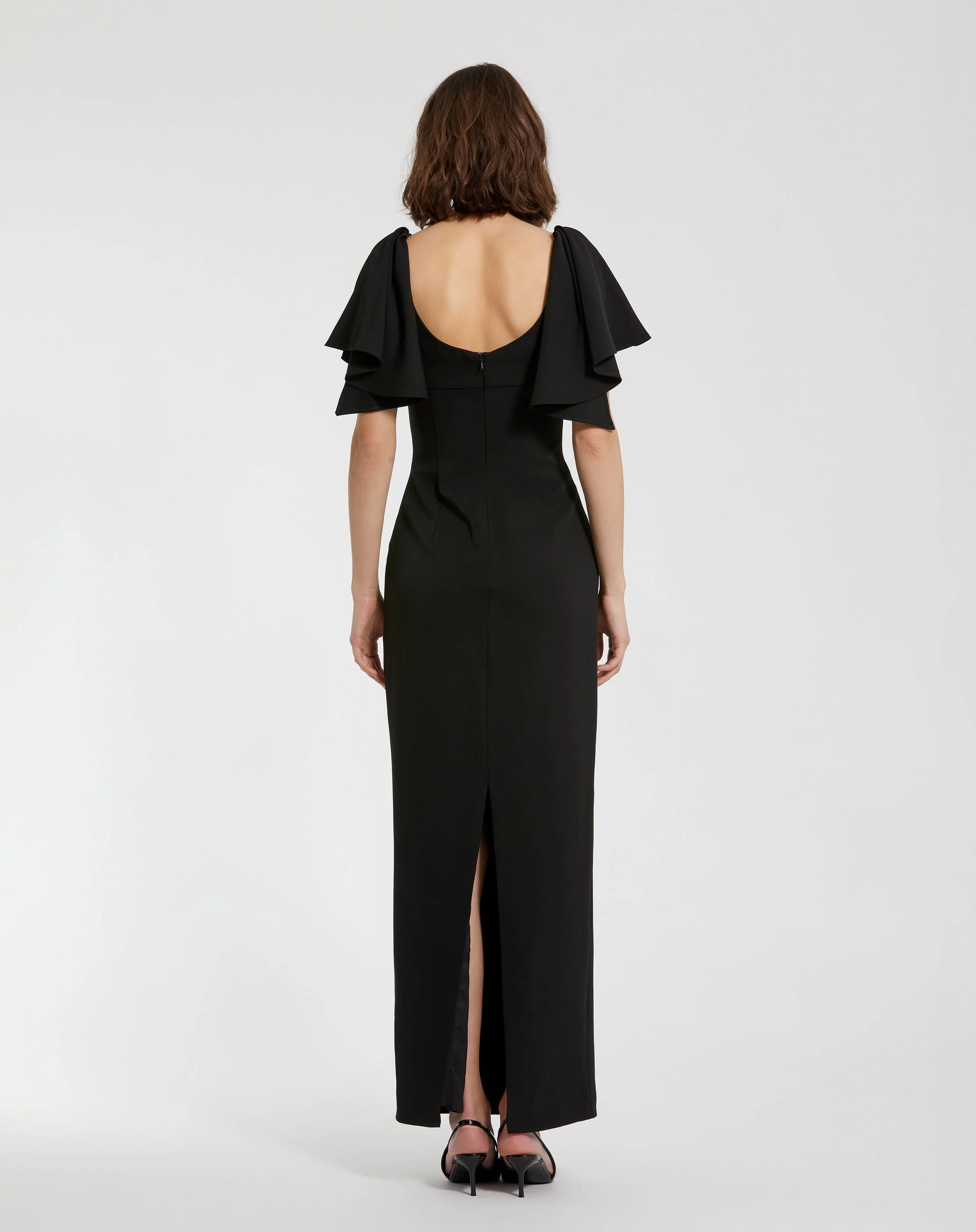 Black Crepe Fitted Long Dress With Short Ruffle Sleeves