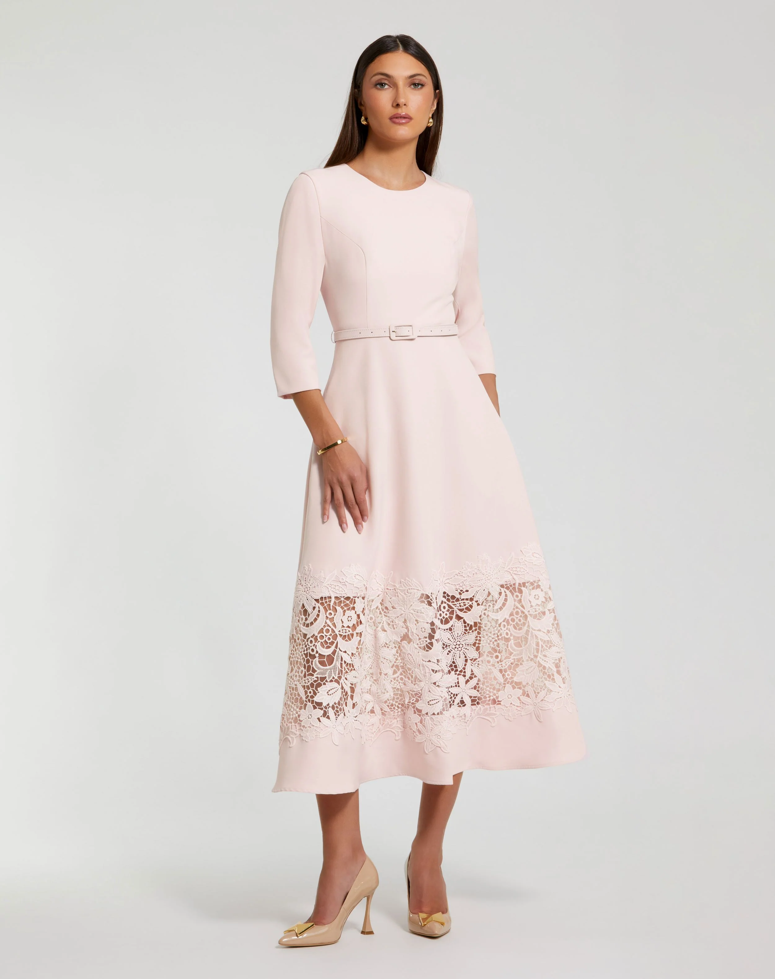 Crepe Boat Neck Midi Dress With Applique Cut Out