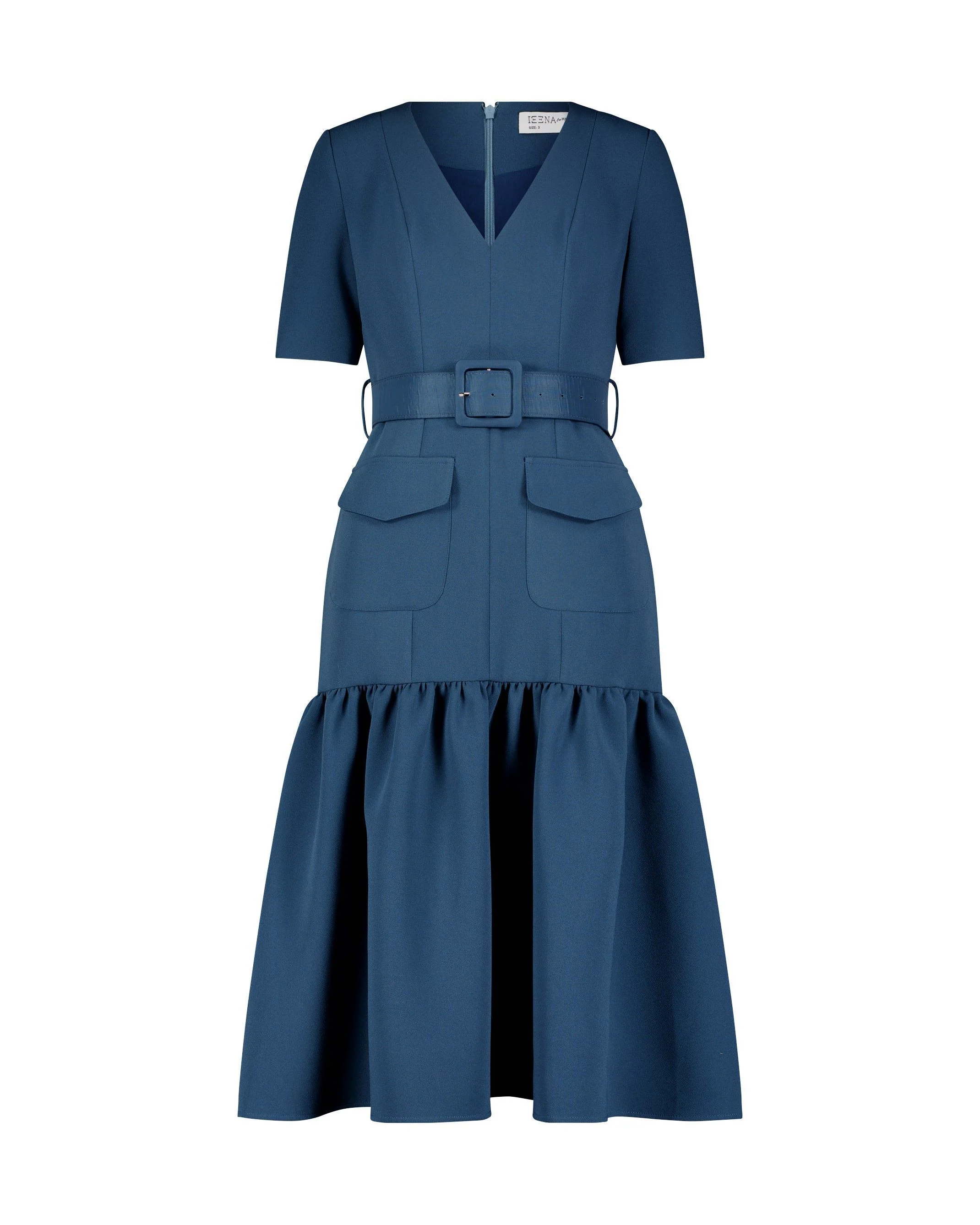 Blue Crepe 3/4 Sleeve Midi Dress With Belt And Pockets