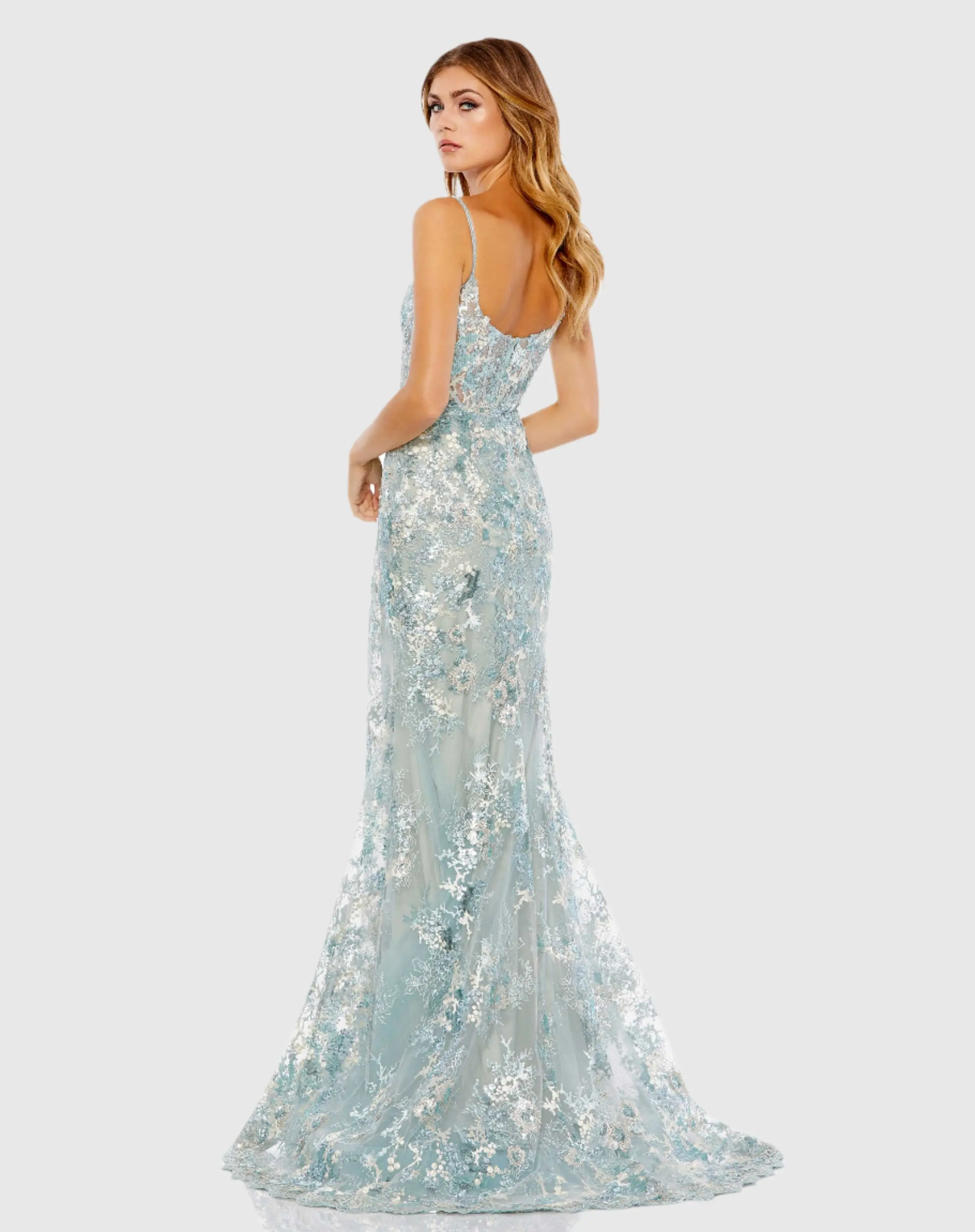 Blue Embroidered Spaghetti Strap Trumpet Gown