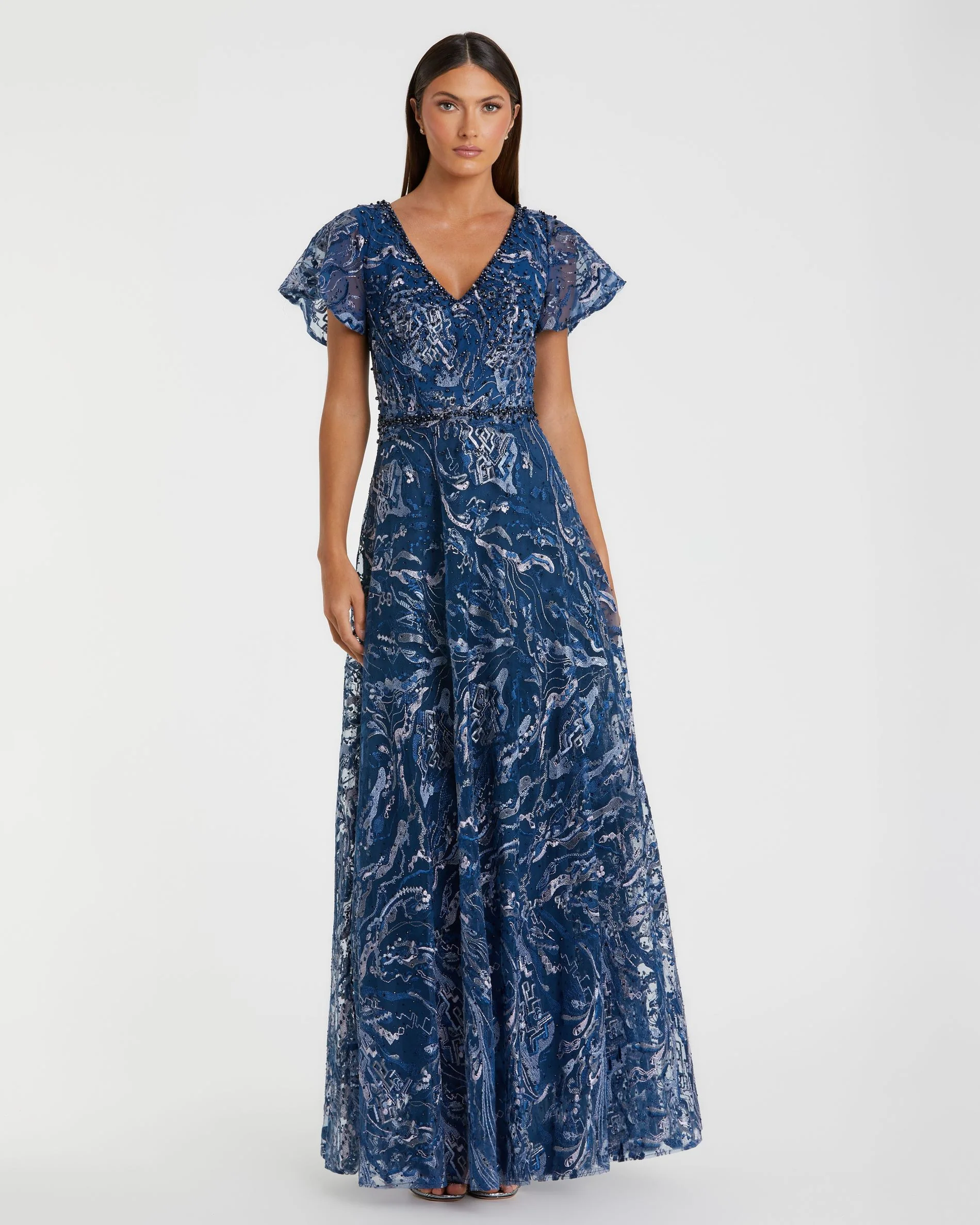 Embellished Illusion Butterfly Sleeve A-Line Gown