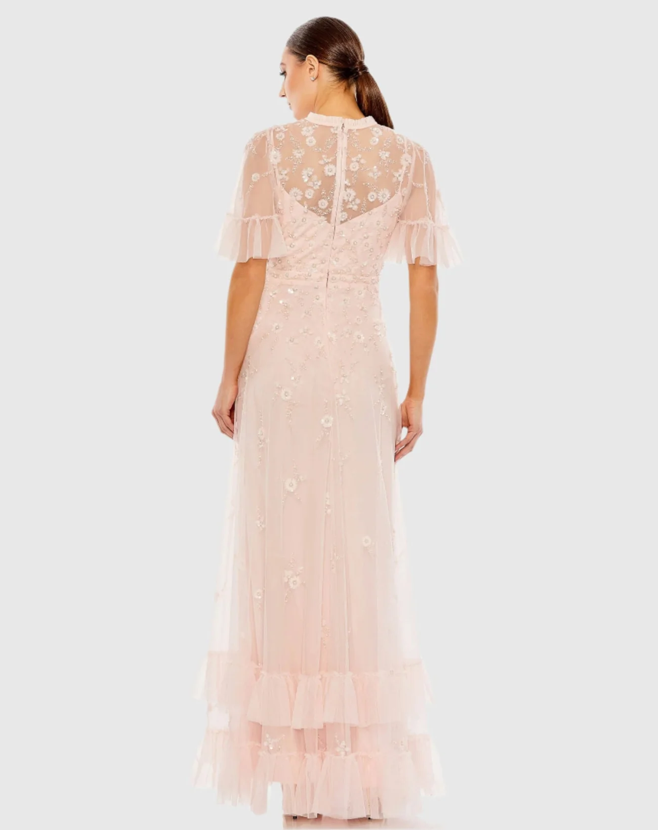 Light Pink Ruffled Floral Embellished Flutter Sleeve A Line Gown