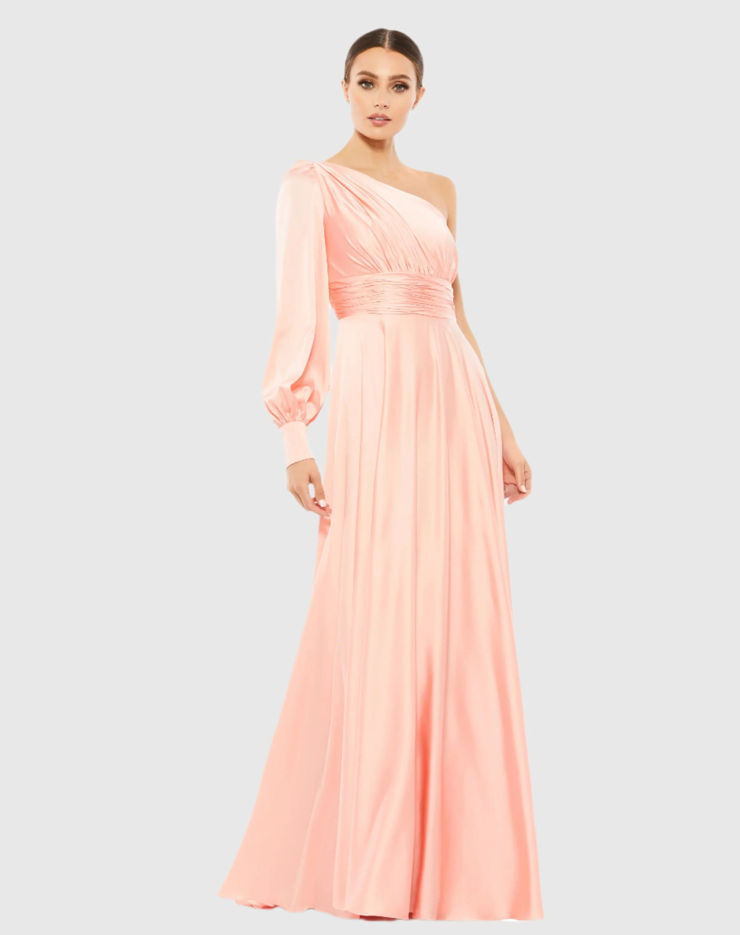 Pink One Shoulder Bishop Sleeve Flowy Gown