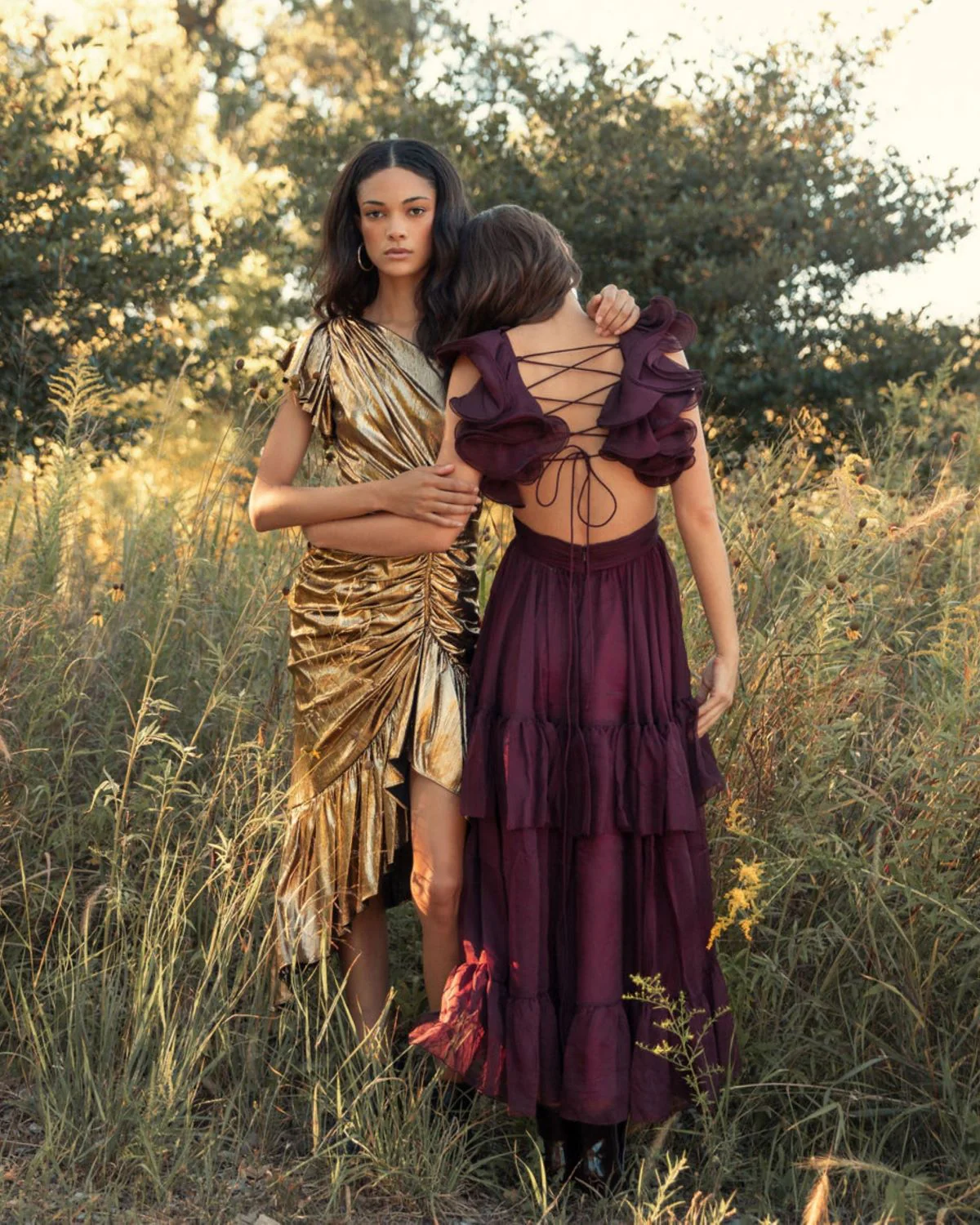 Gold One Shoulder Flutter Sleeve High Low Dress