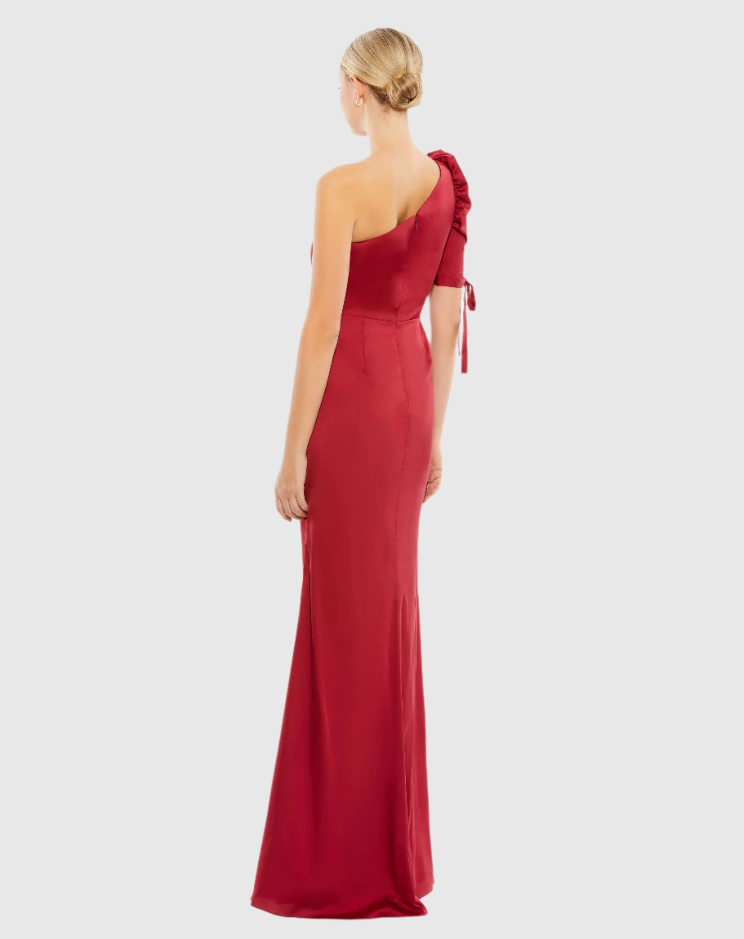 Red Satin One Shoulder Puff Sleeve Trumpet Gown