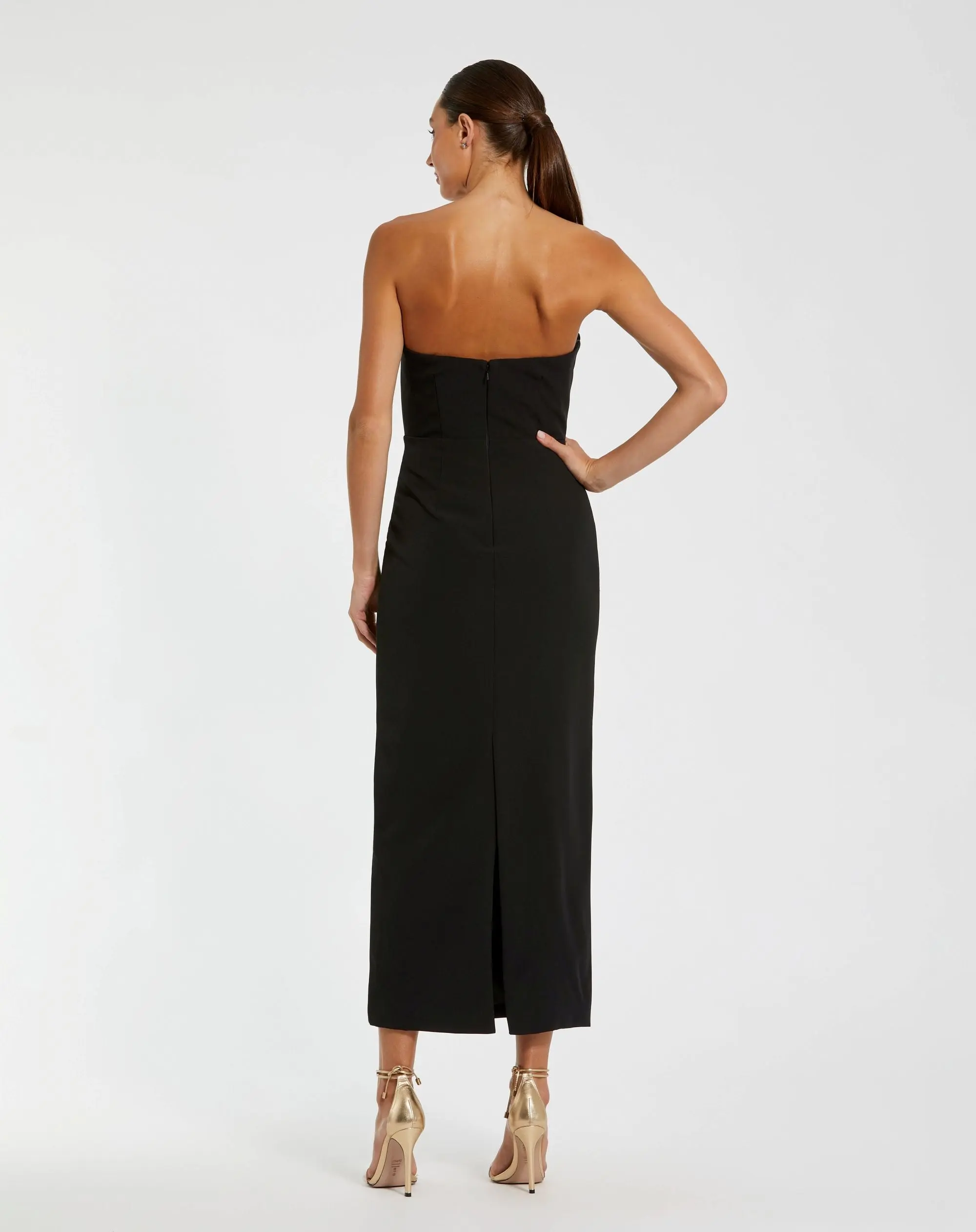 Black Strapless Crepe Ankle Dress With 3D Satin Flowers