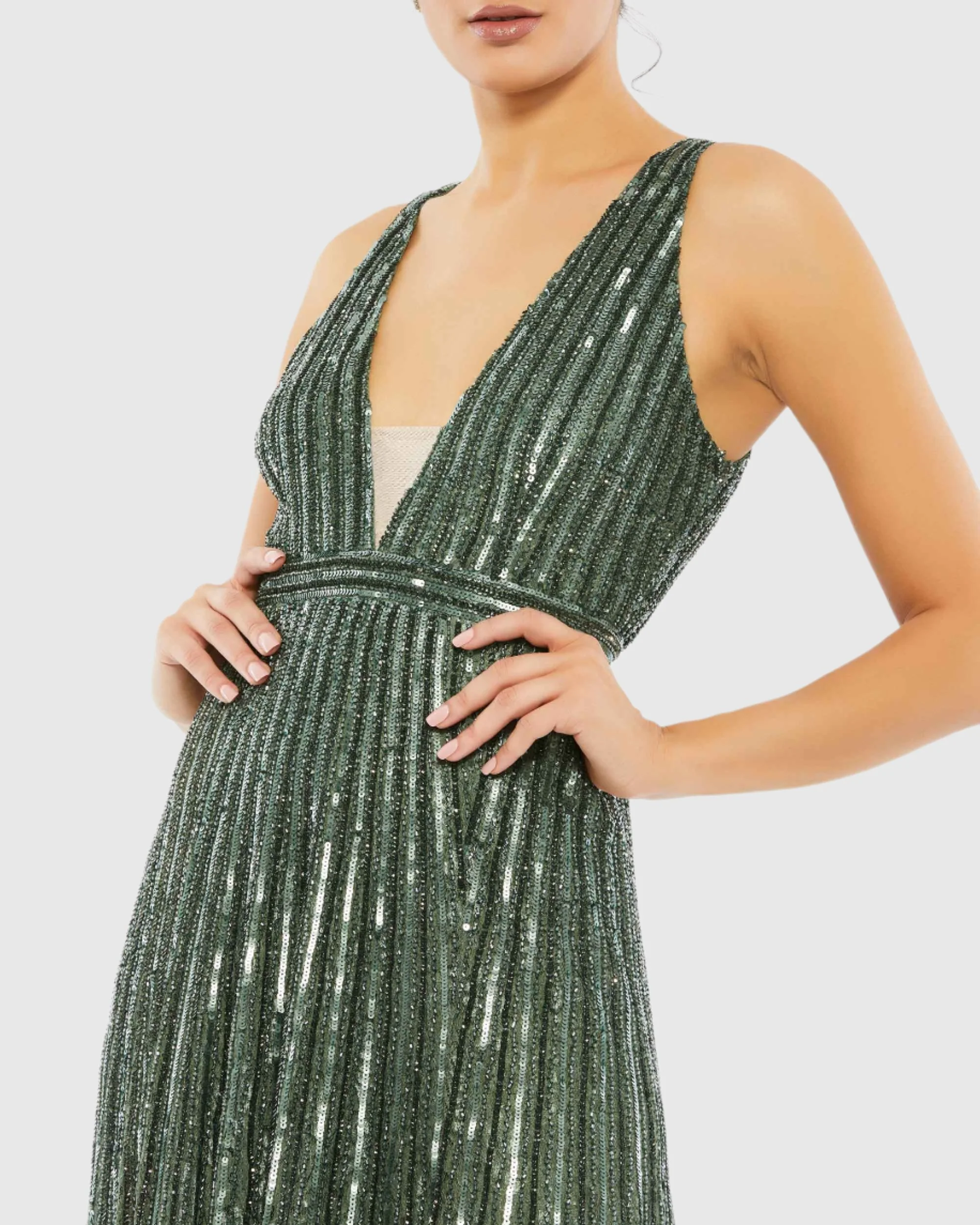 Green Sequined Sleeveless Plunge Neck Flowy Gown