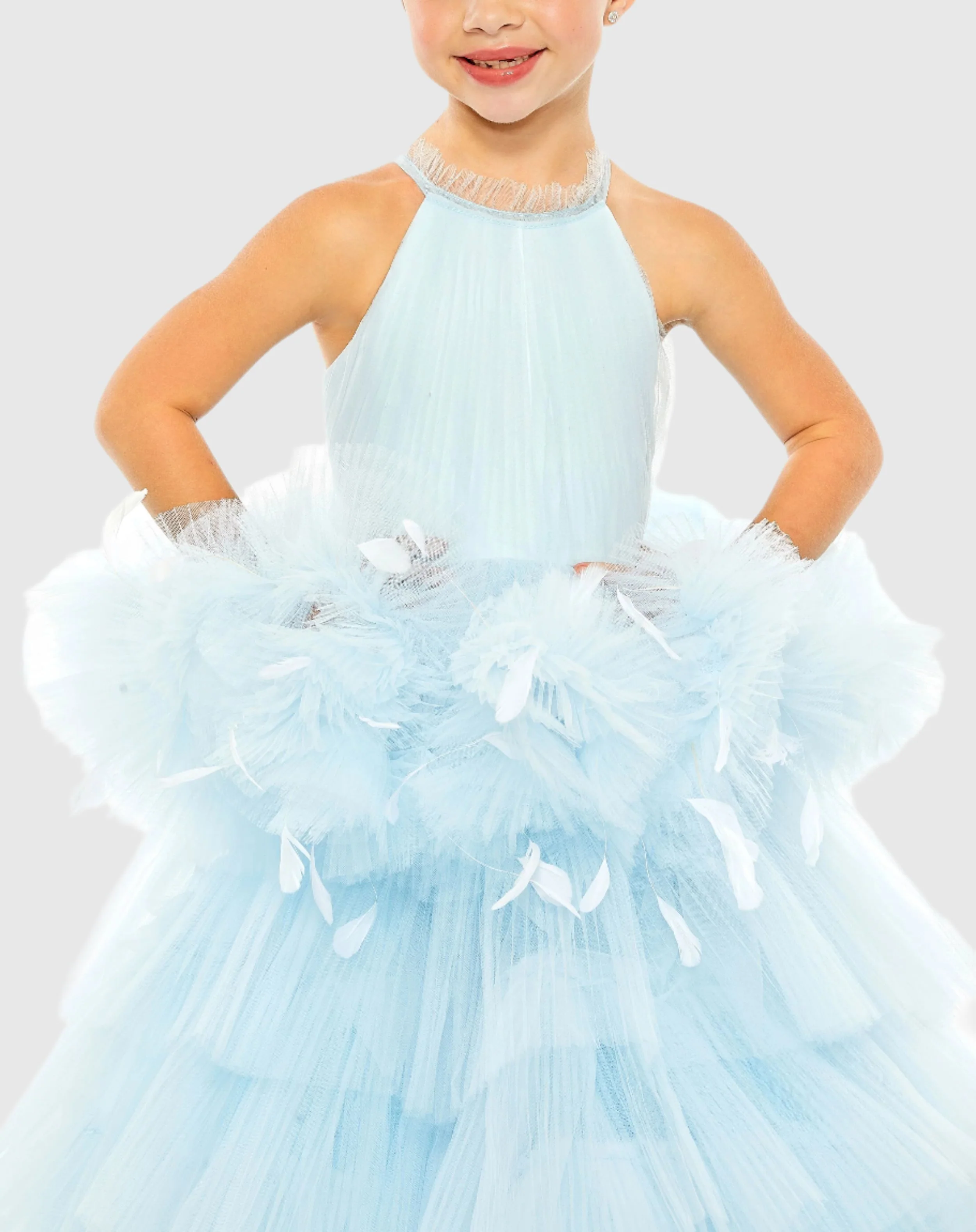 Girls High Neck Tulle Dress with Feather Detail