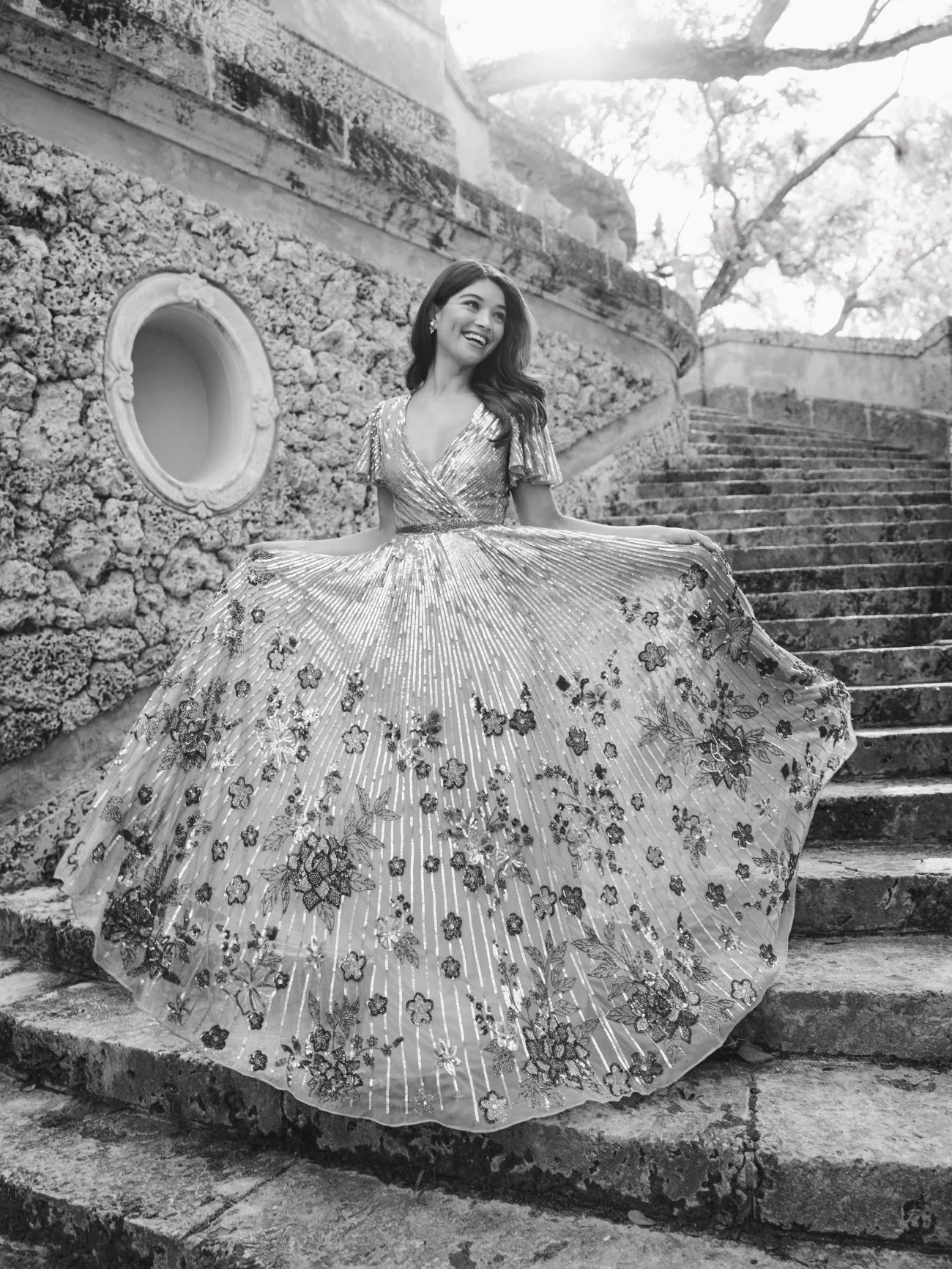 Purple Flounce Sleeve V Neck Gown