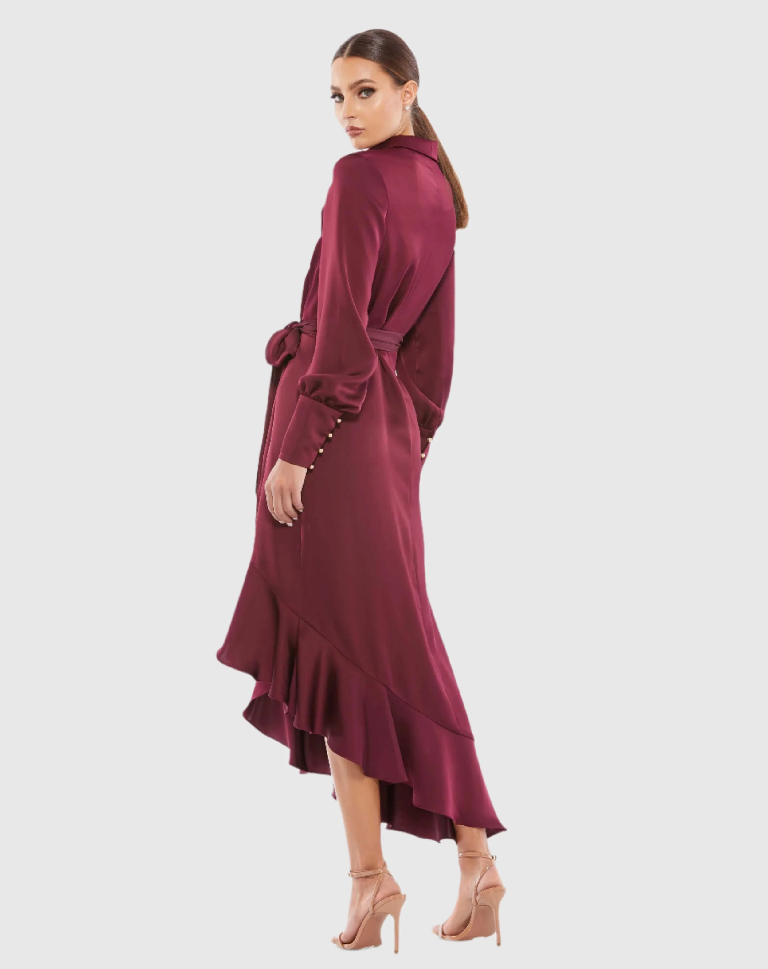 Red Long Sleeve Faux Wrap Midi Dress