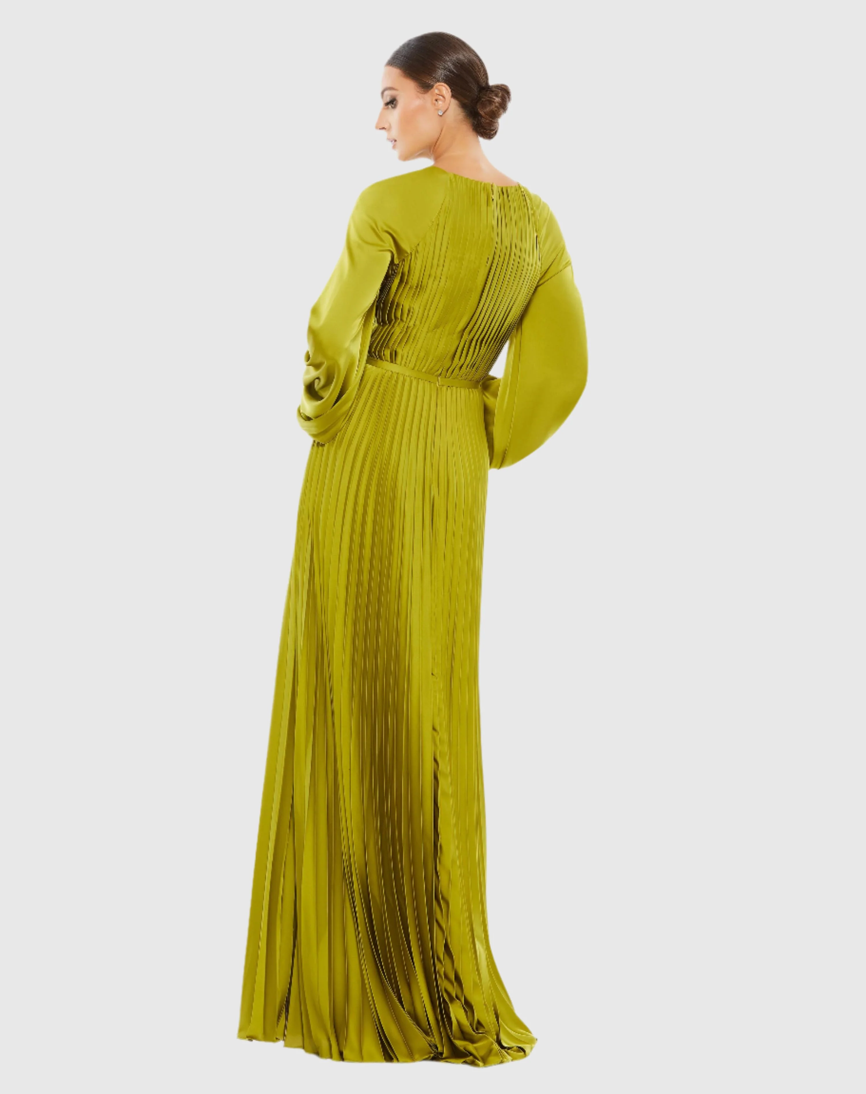 Green Pleated High Neck Raglan Long Sleeve Side Slit Gown