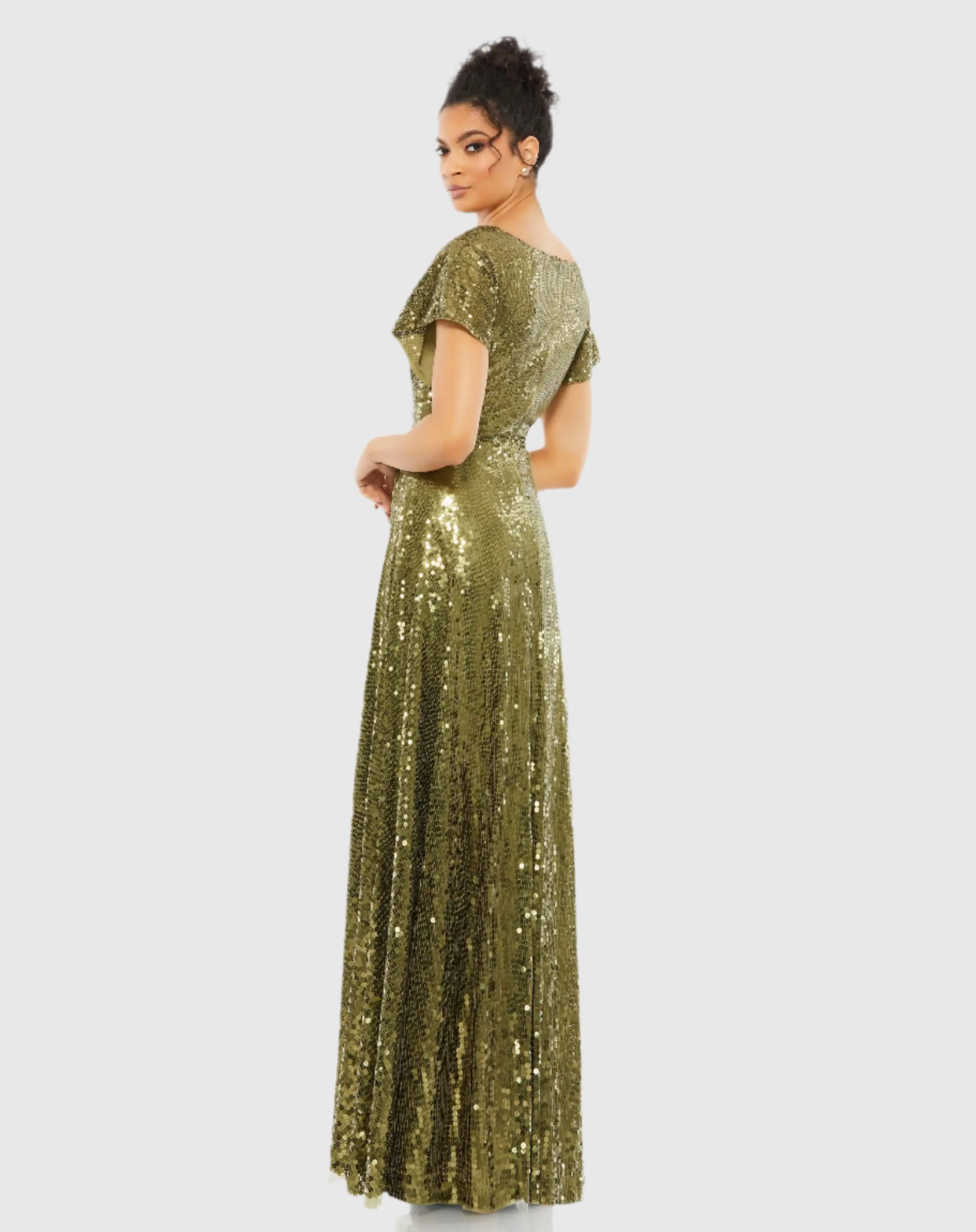 Green Sequined Butterfly Sleeve Wrap Over A Line Gown - FINAL SALE