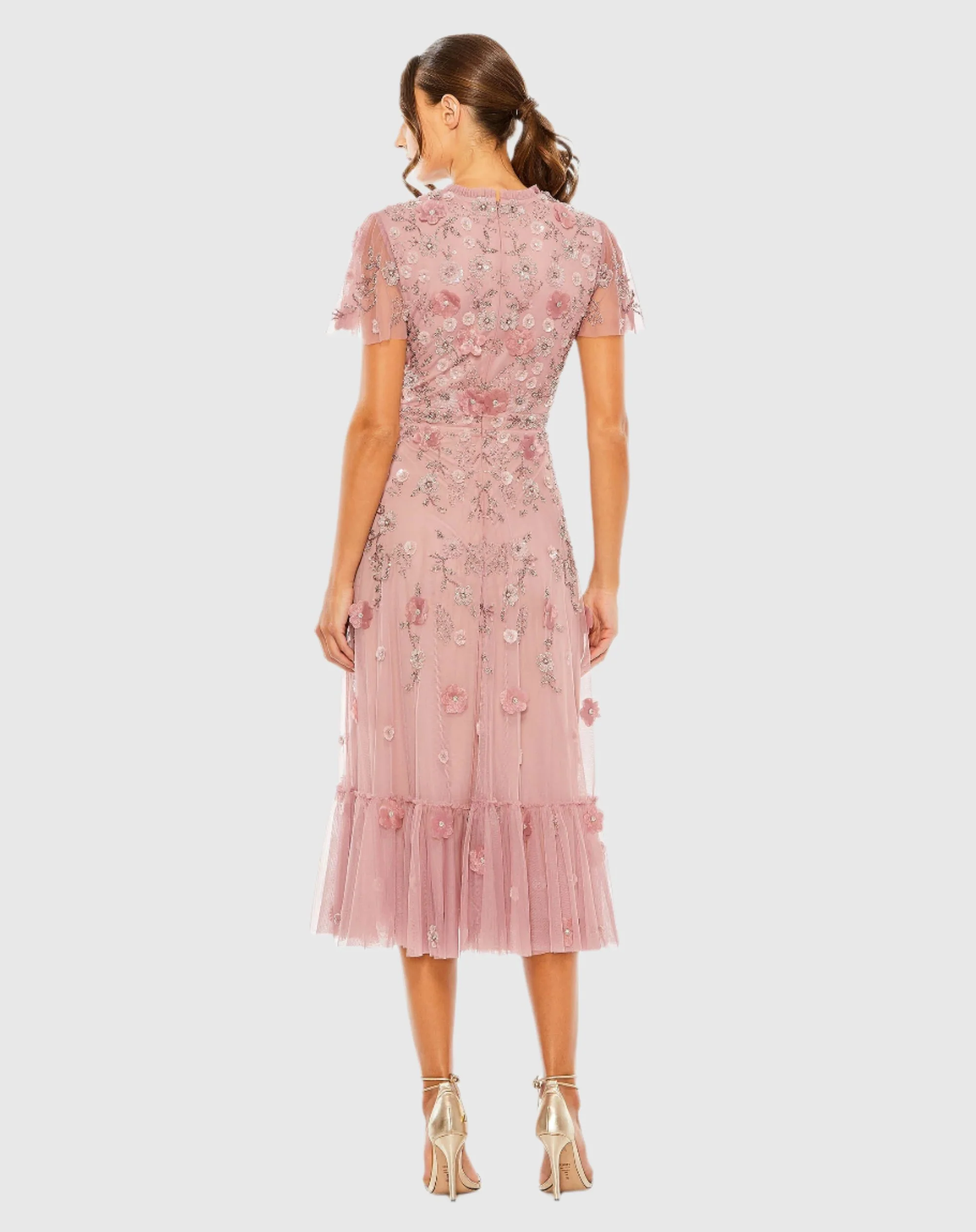 Pink Embellished High Neck Cap Sleeve A Line Dress