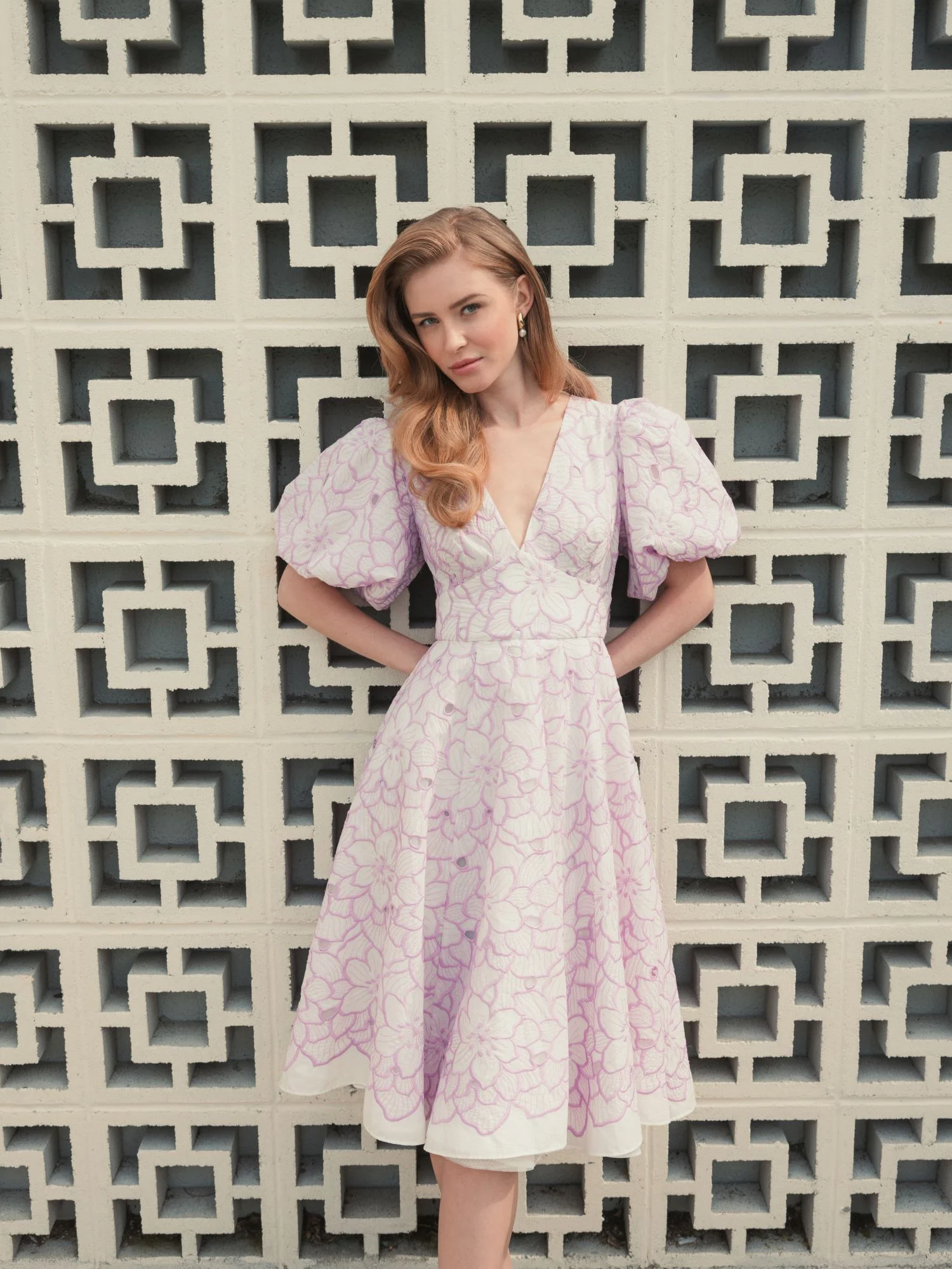 Purple and White Embroidered Floral Puff Sleeve Dress