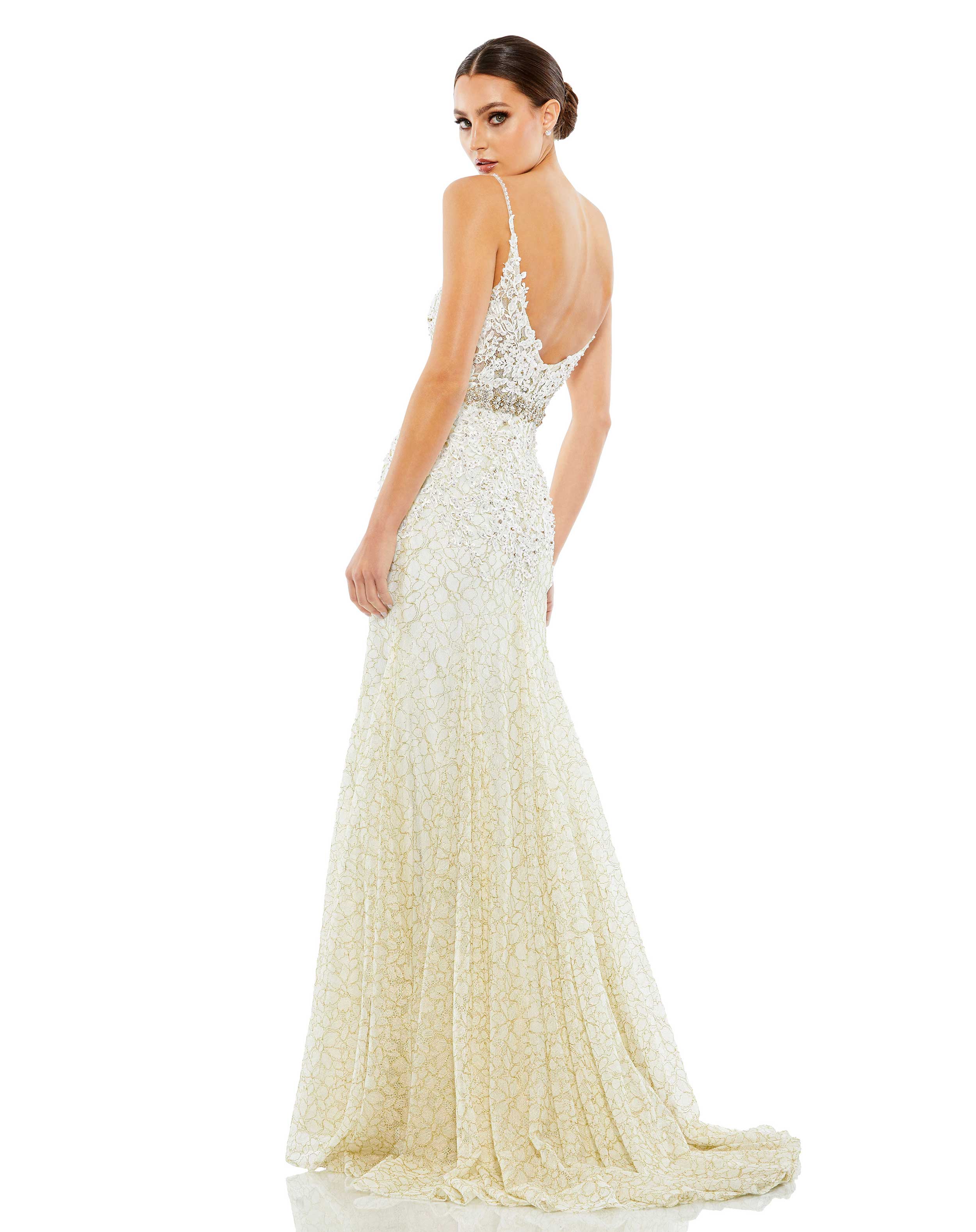 White Applique Sleeveless Plunge Neck Trumpet Gown