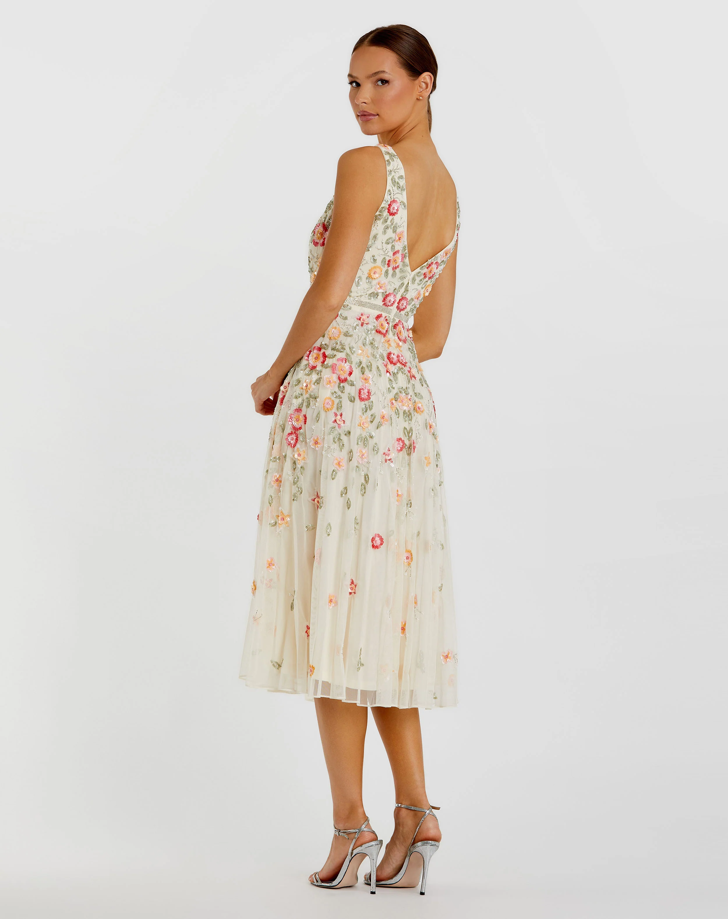 Beige V-Neck Sleeveless Midi Floral Beaded  A-line Dress