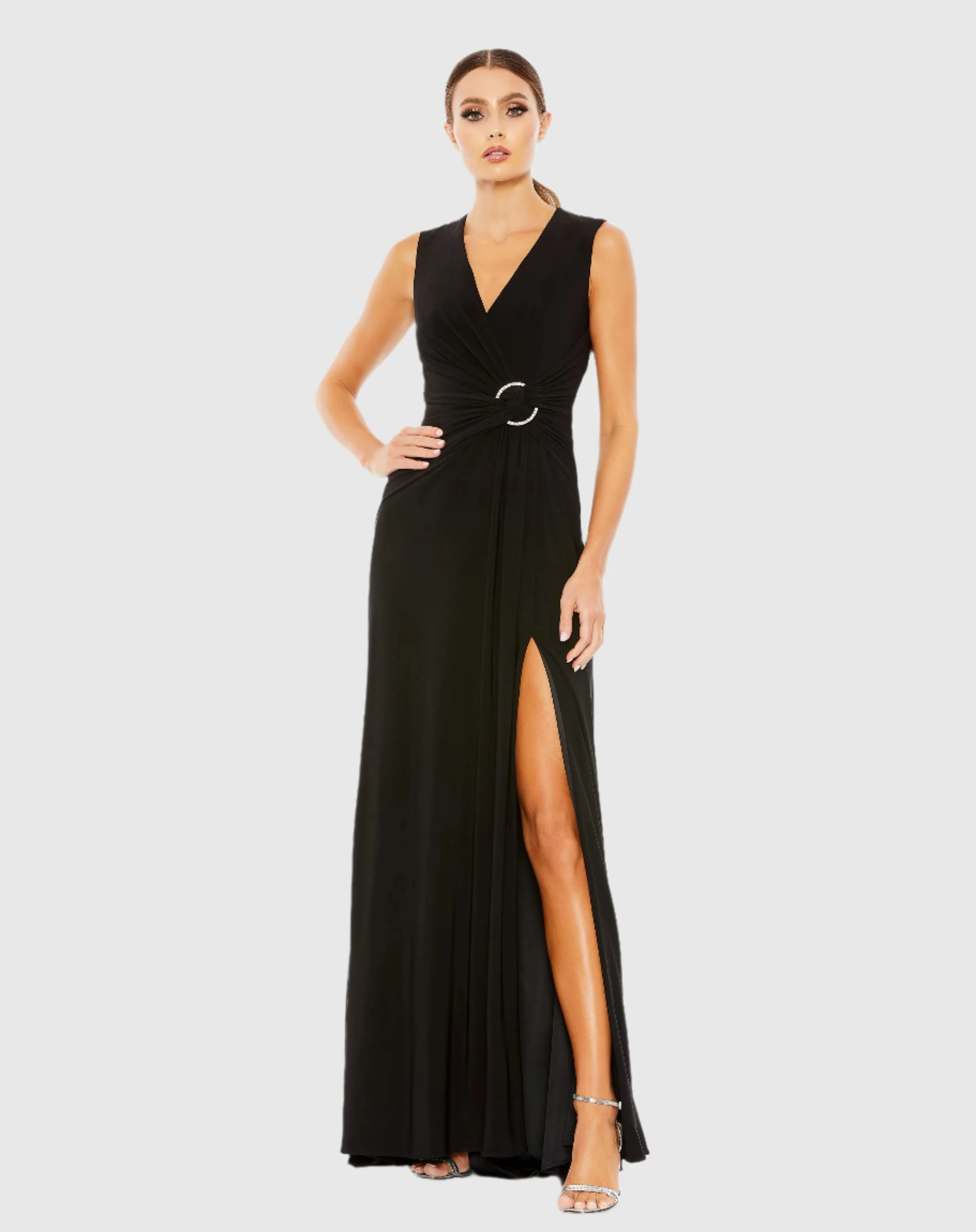 Black Draped Side Knot Jersey Gown w/ Rhinestone Ring