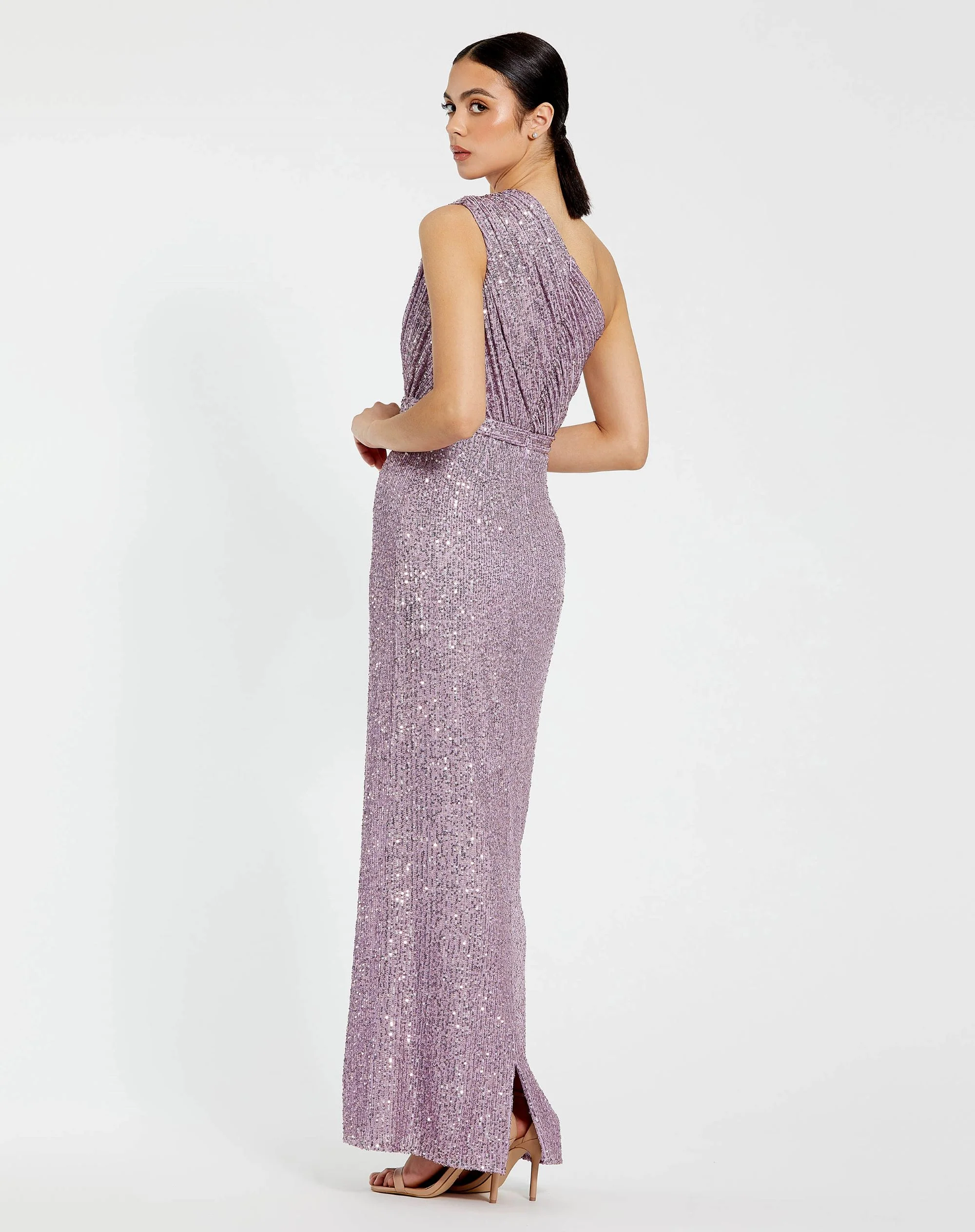 Purple Sequined Ruched One Shoulder Gown