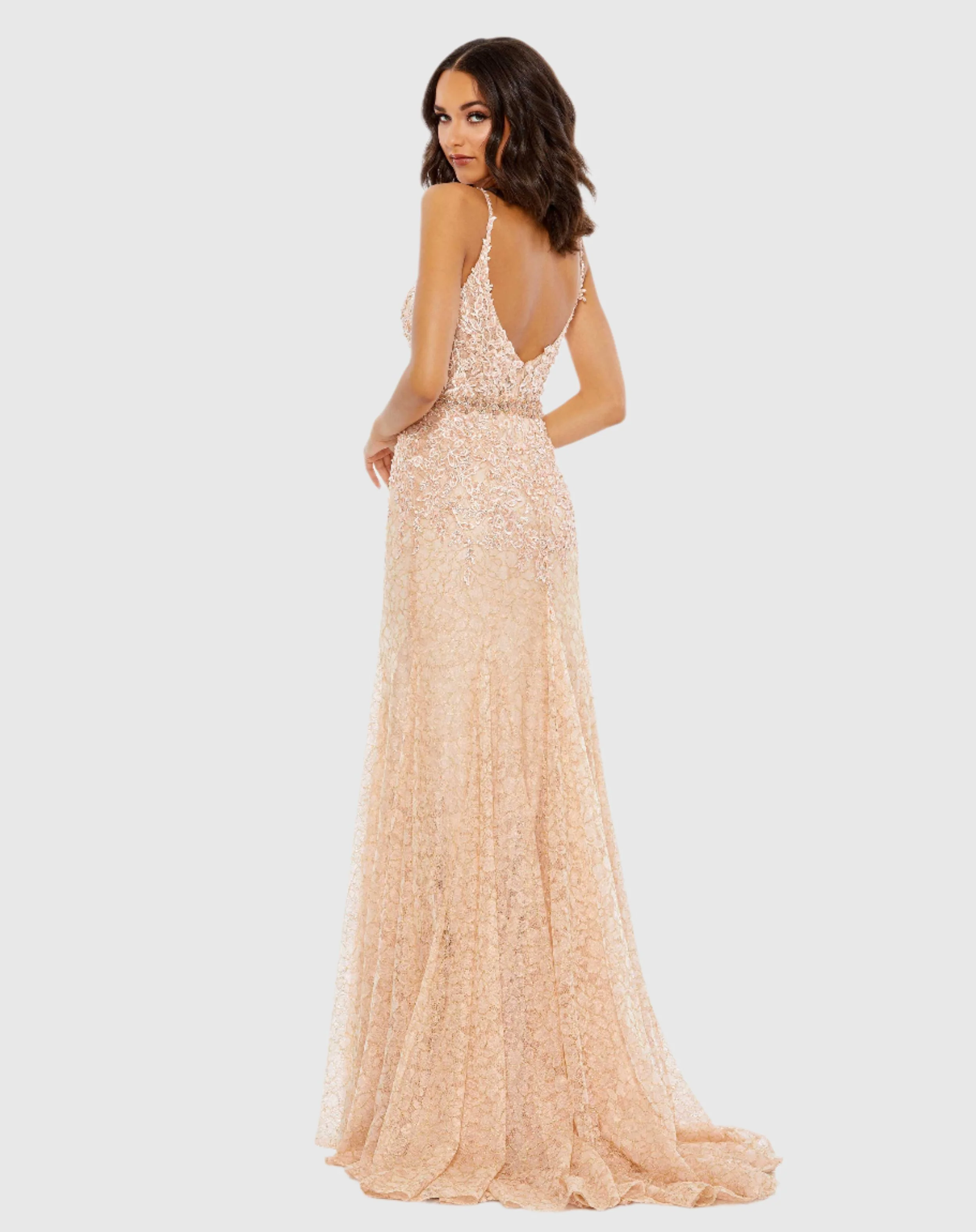 Pink Applique Sleeveless Plunge Neck Trumpet Gown