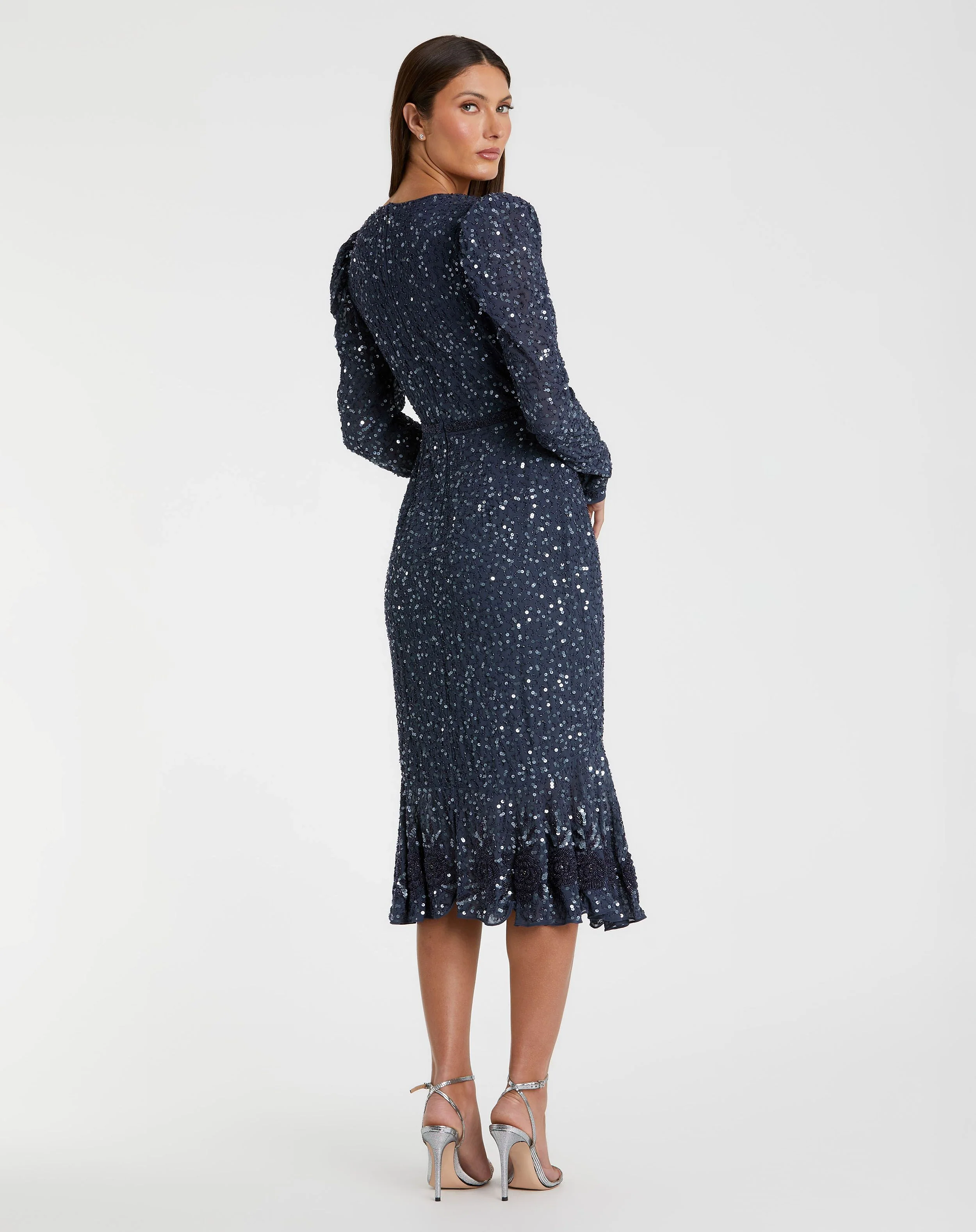 Blue Sequin Dress with Embellished Hemline and Belt