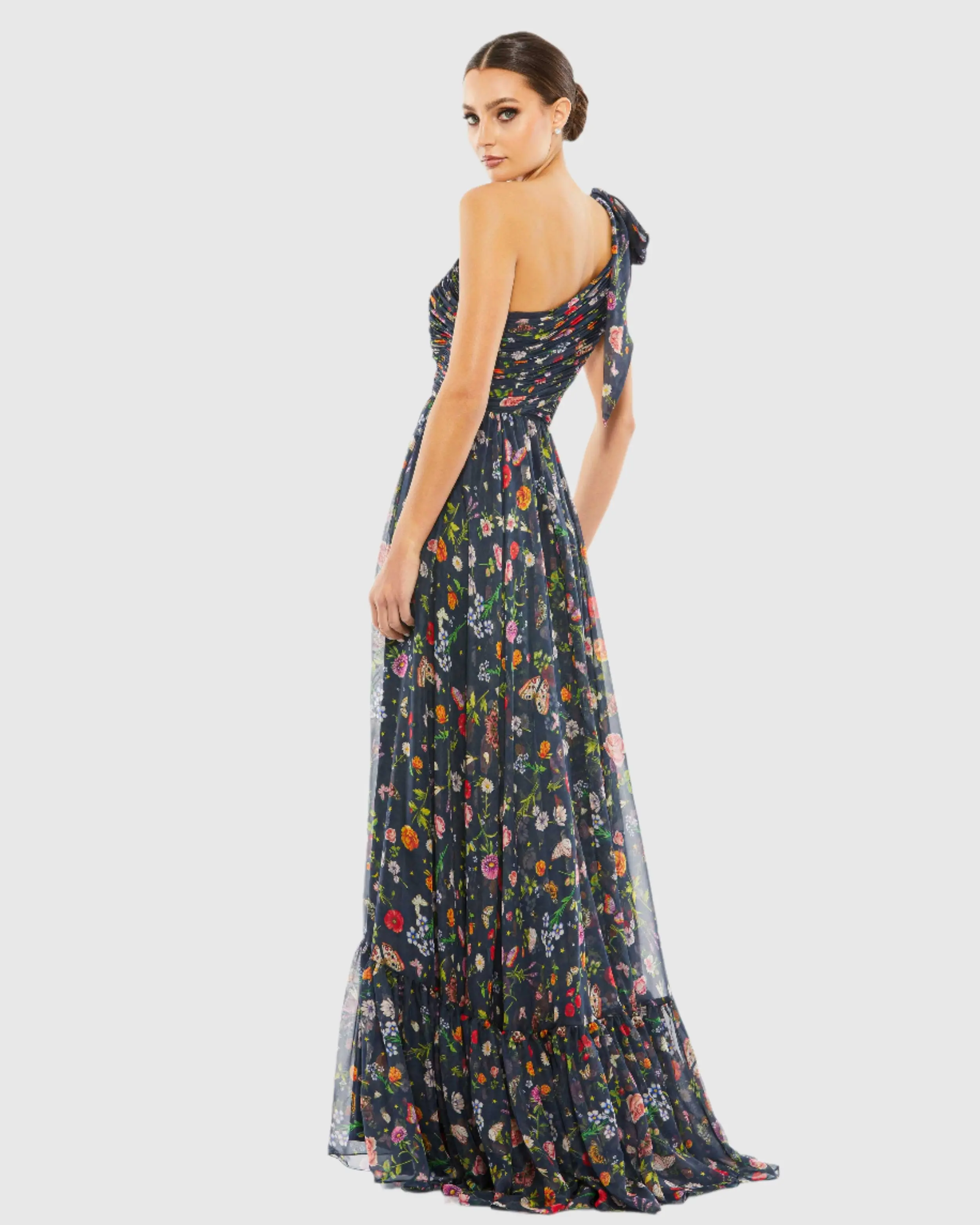 Navy Tied One Shoulder Cut-Out Flowy Gown