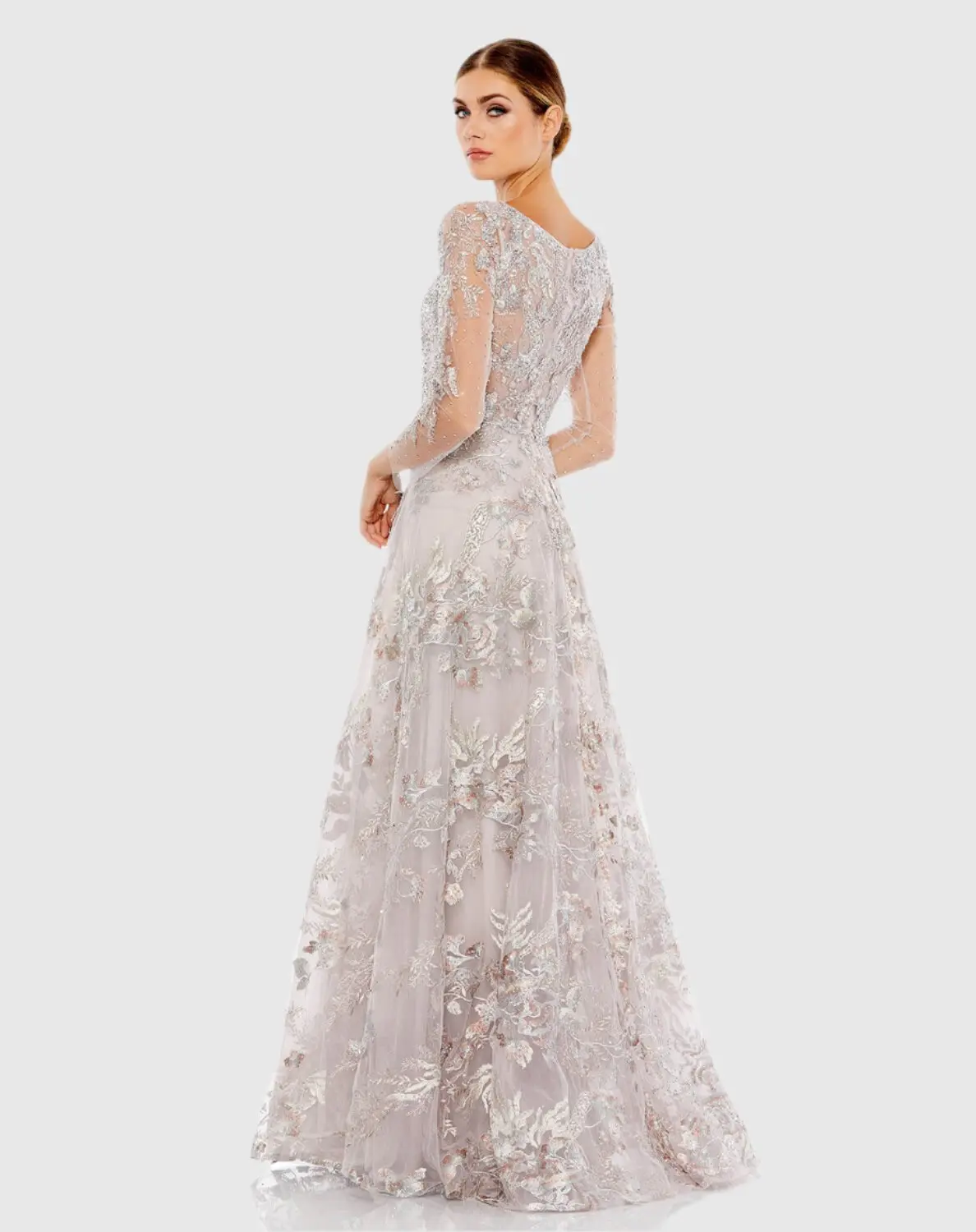 Appliqued Illusion Long Sleeve A Line Gown