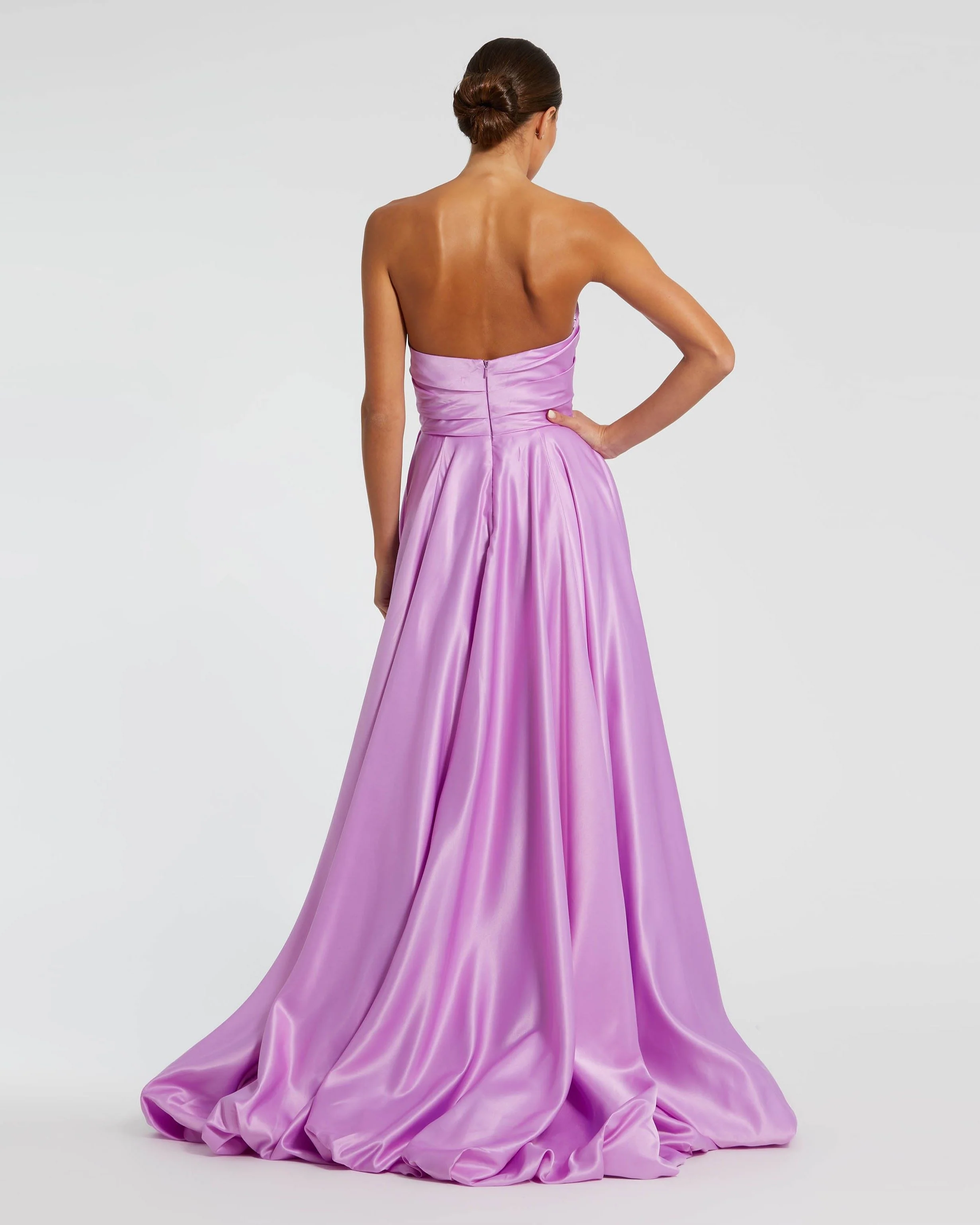 Purple Strapless Ruched High Low Gown