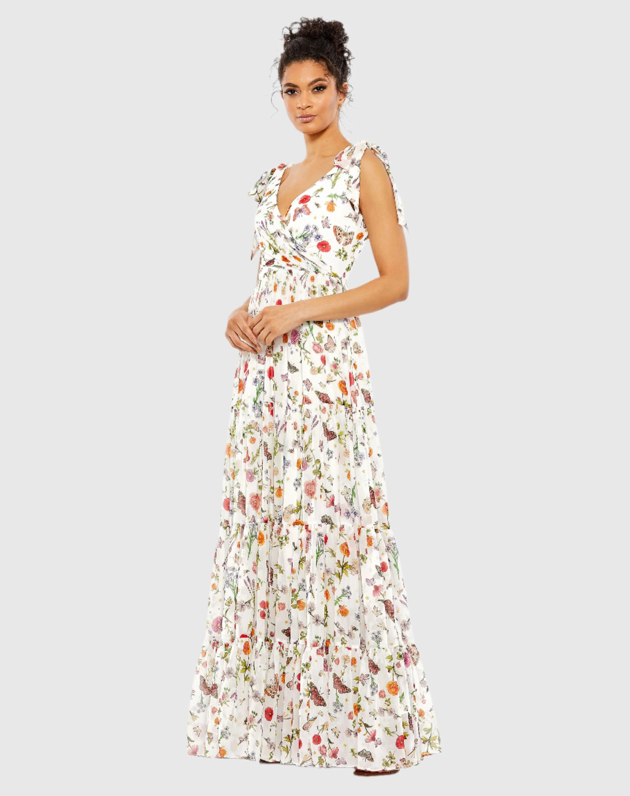 Floral Print Sleeveless Soft Tie Shoulder Gown