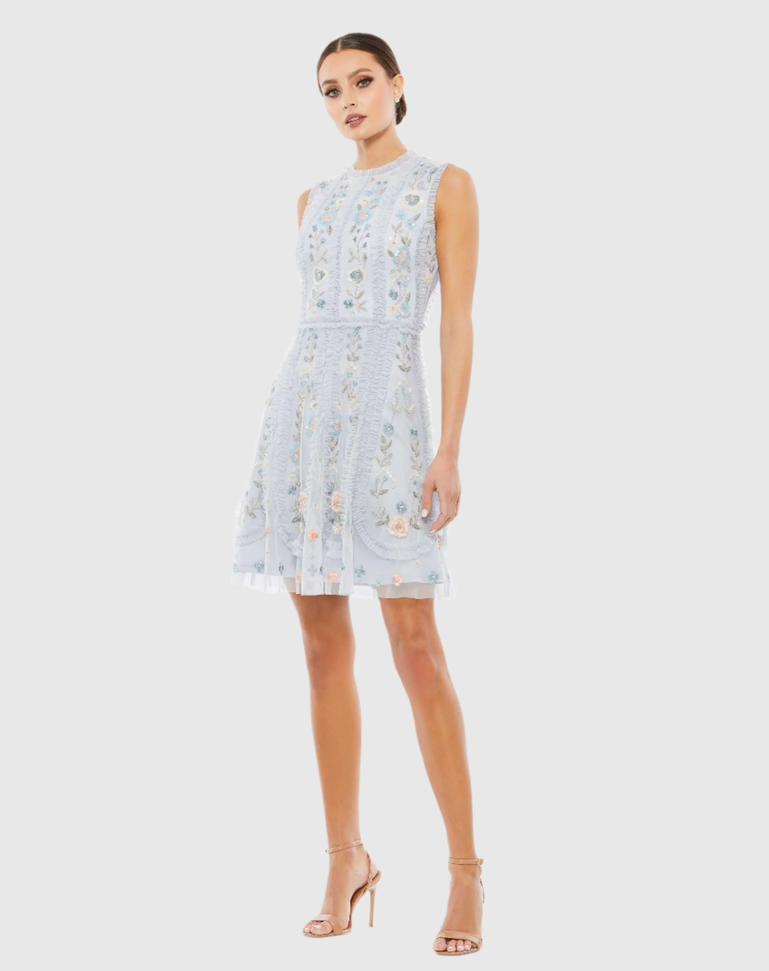 Blue Sleeveless High Neck Embroidered Mini Dress