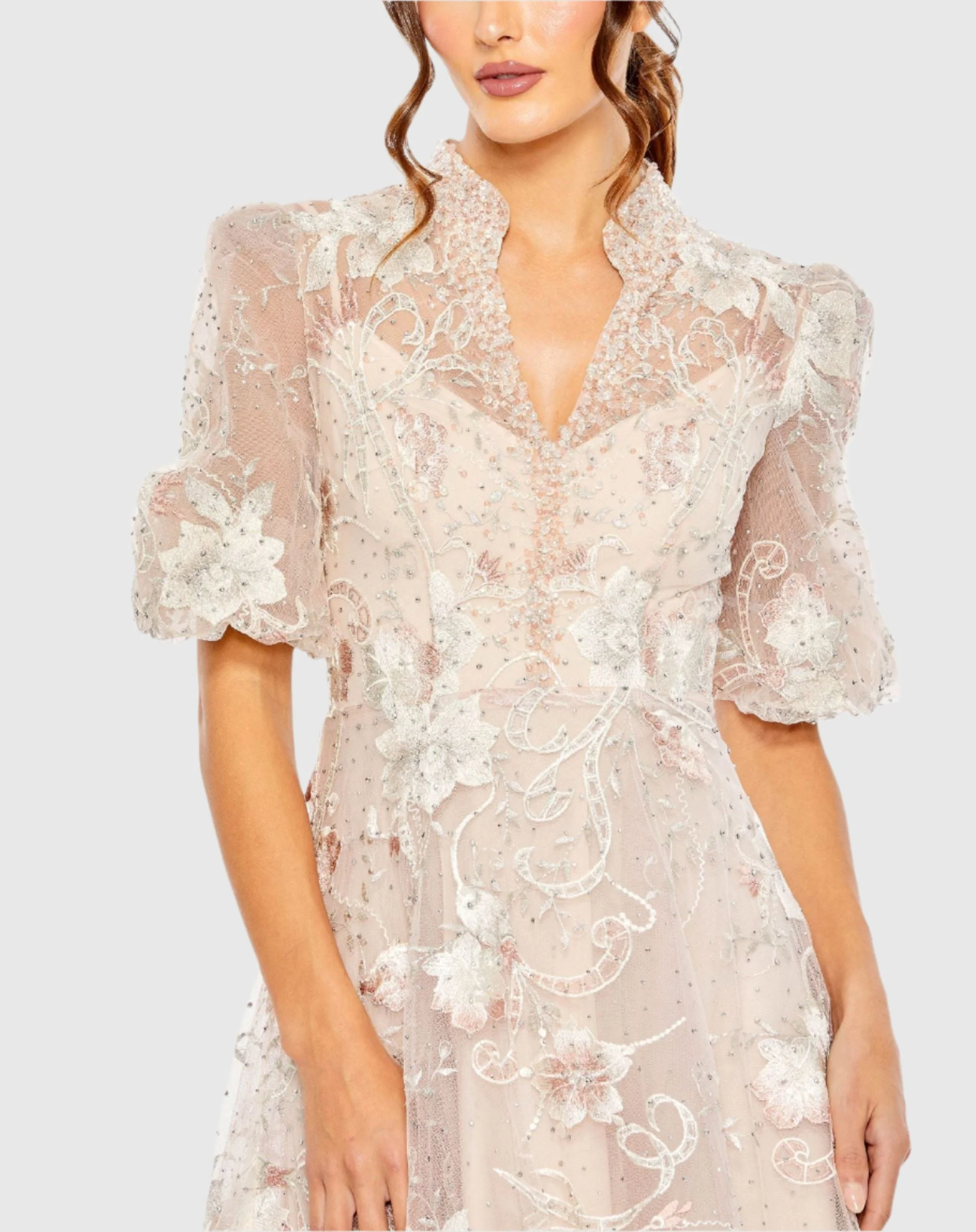 Pink Queen Anne Puff Sleeve A Line Gown