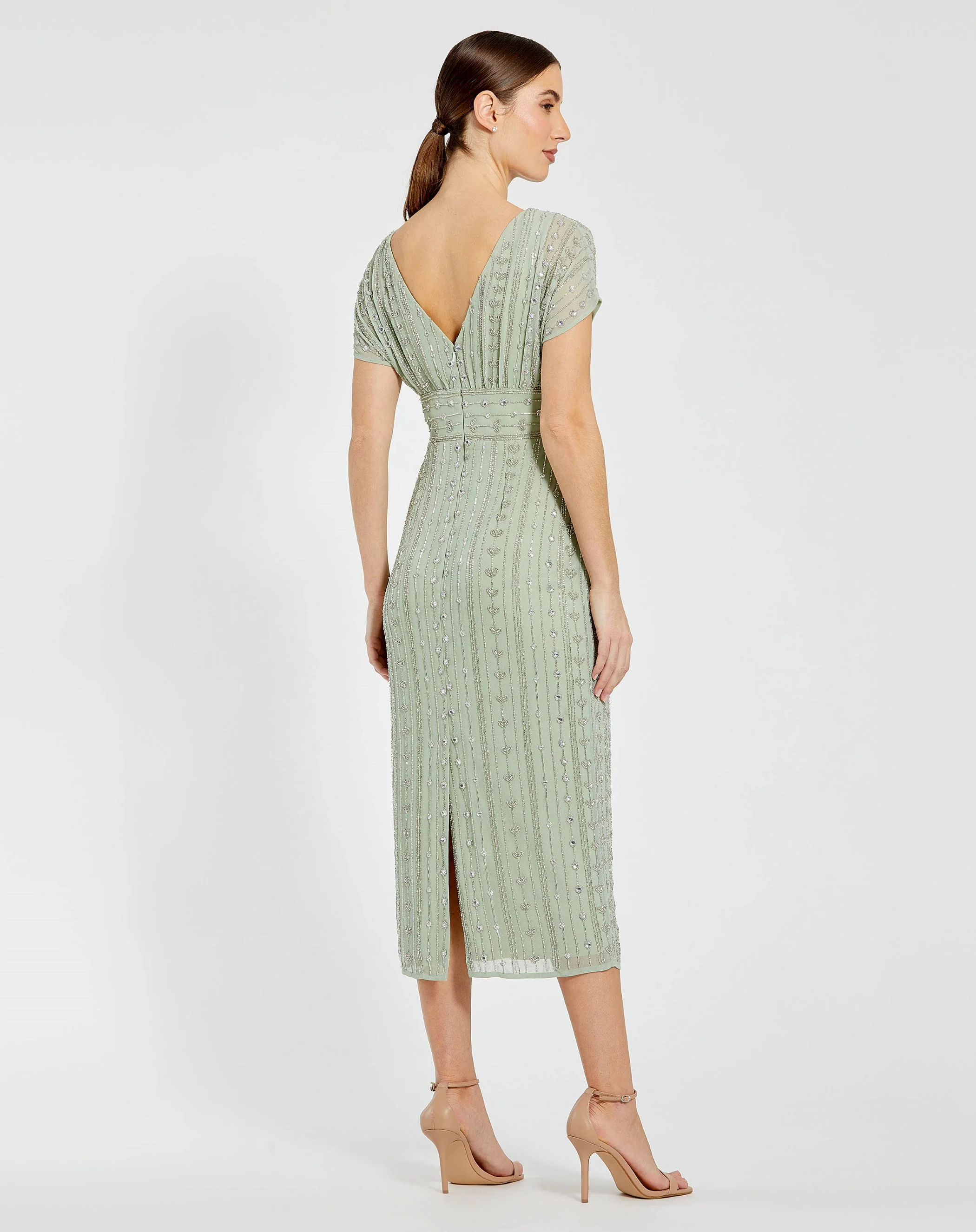 Green Beaded Cap Sleeve Column Midi Dress