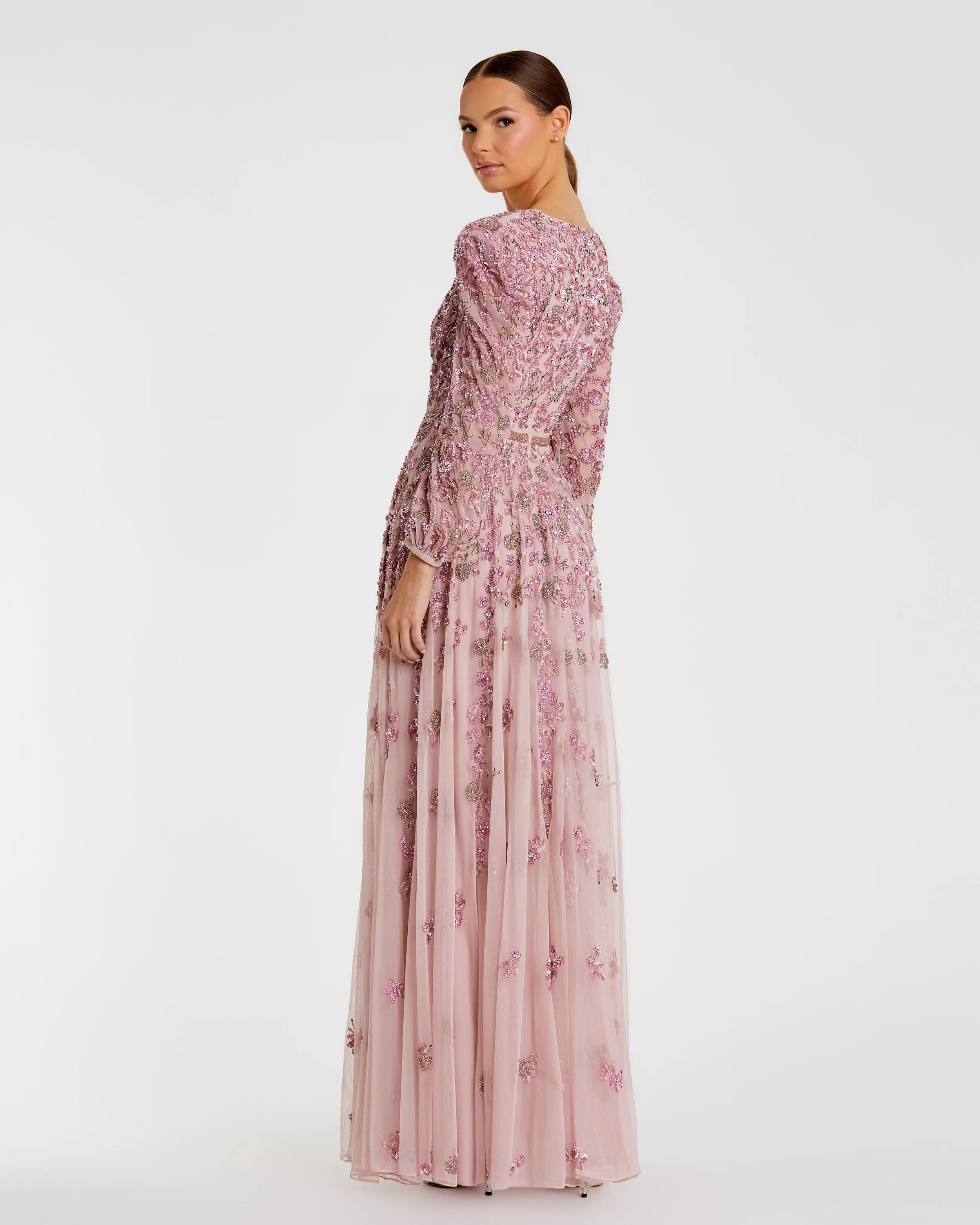 Pink Embellished V Neck Long Sleeve A Line Gown