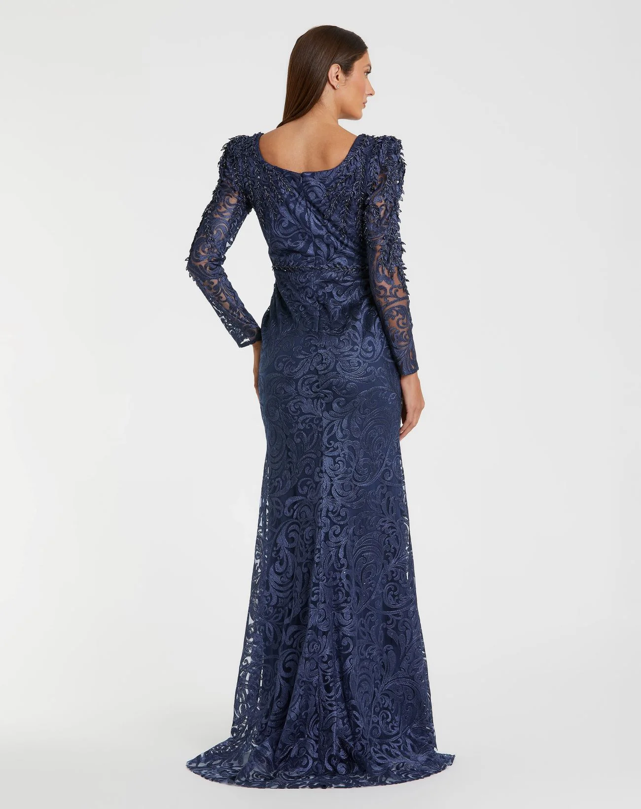 Blue Embroidered Lace Applique Shoulder Detail Trumpet Gown