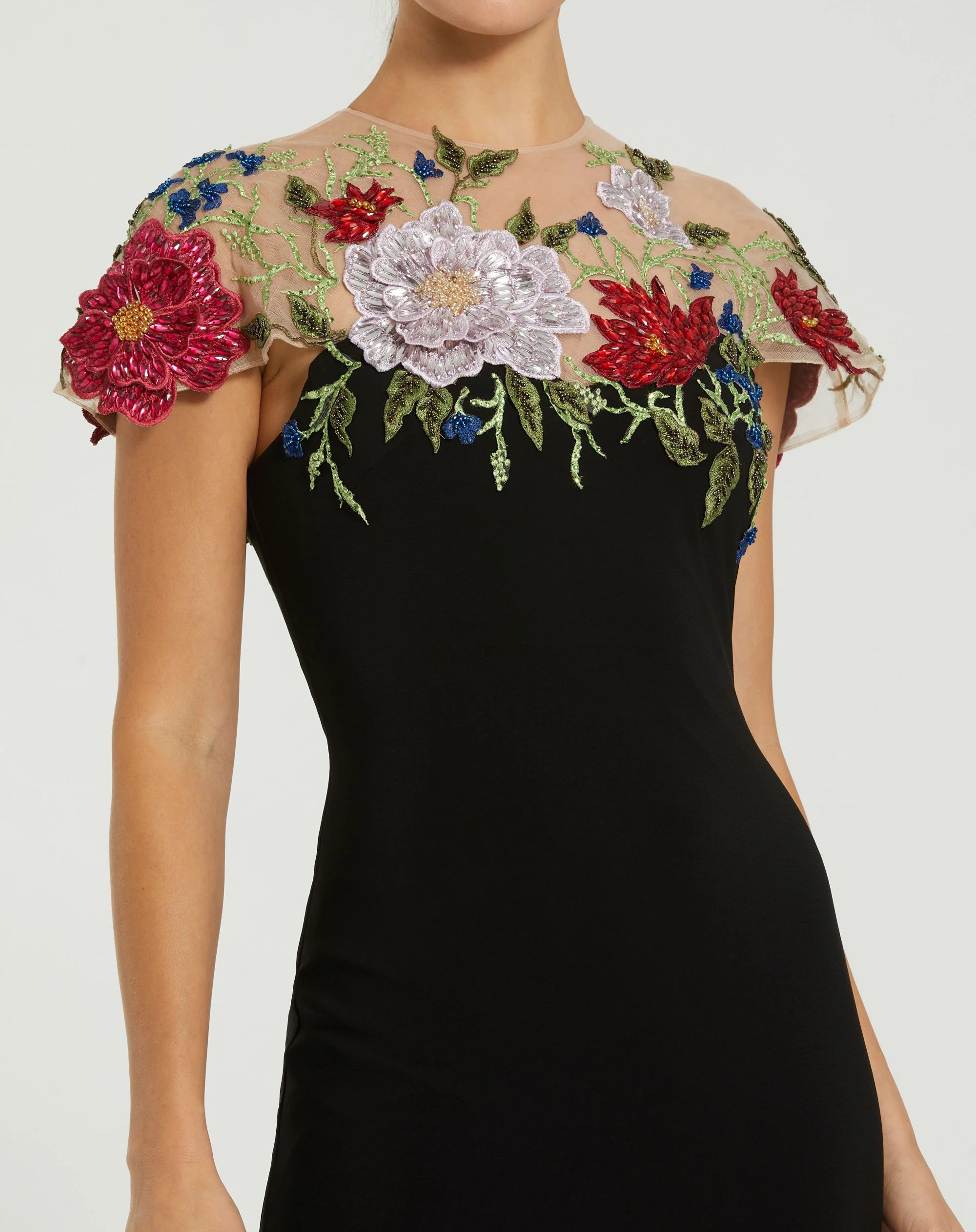 Black Floral Embellished Jersey Fitted Gown