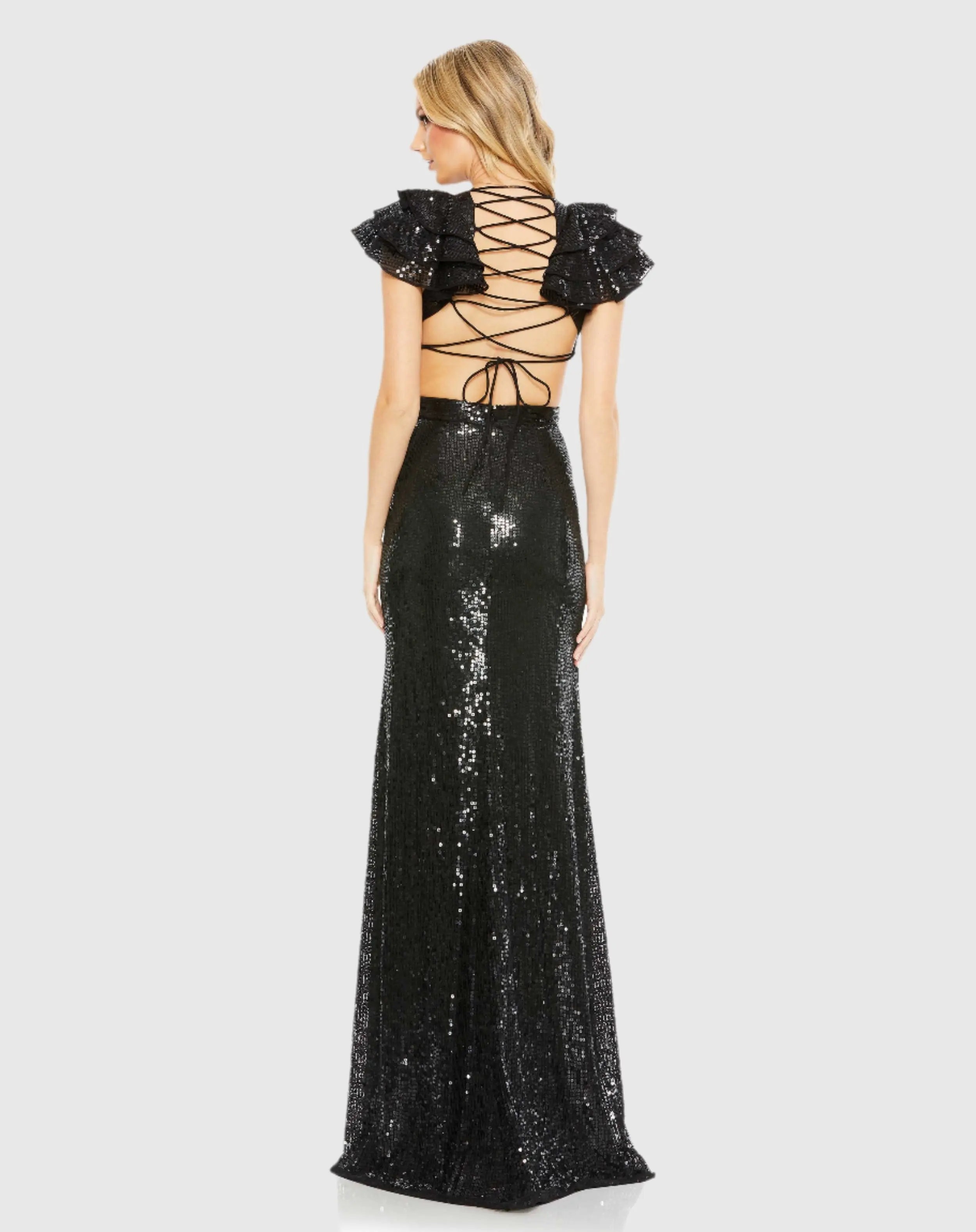 Black Sequined Ruffled Cut Out Lace Up Gown - FINAL SALE