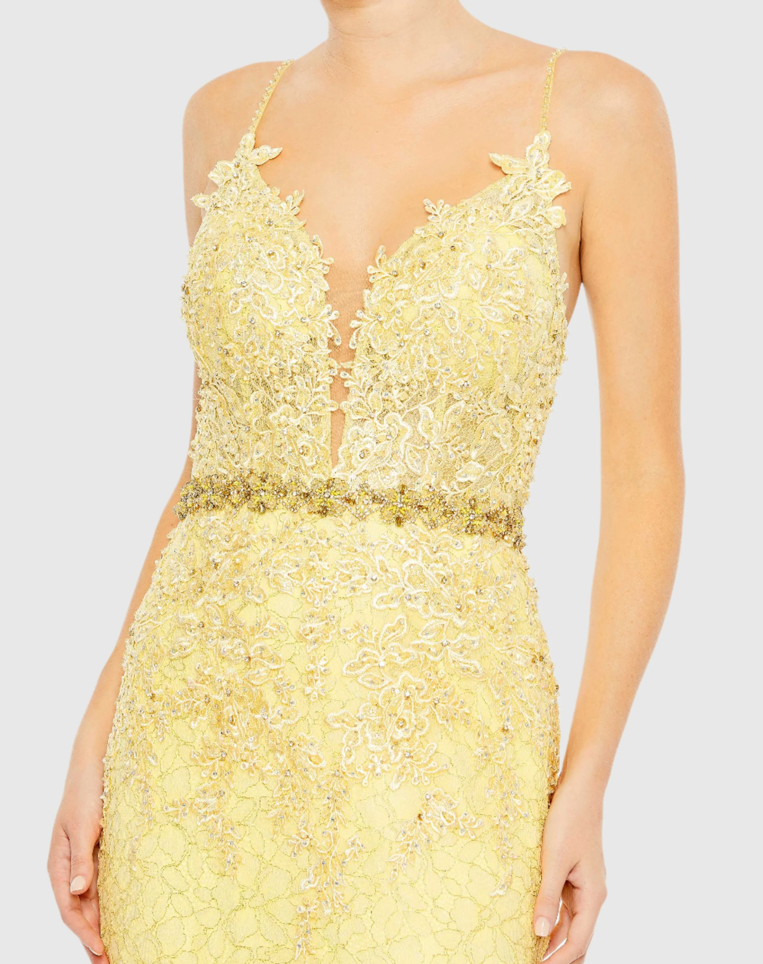 Yellow Applique Sleeveless Plunge Neck Trumpet Gown