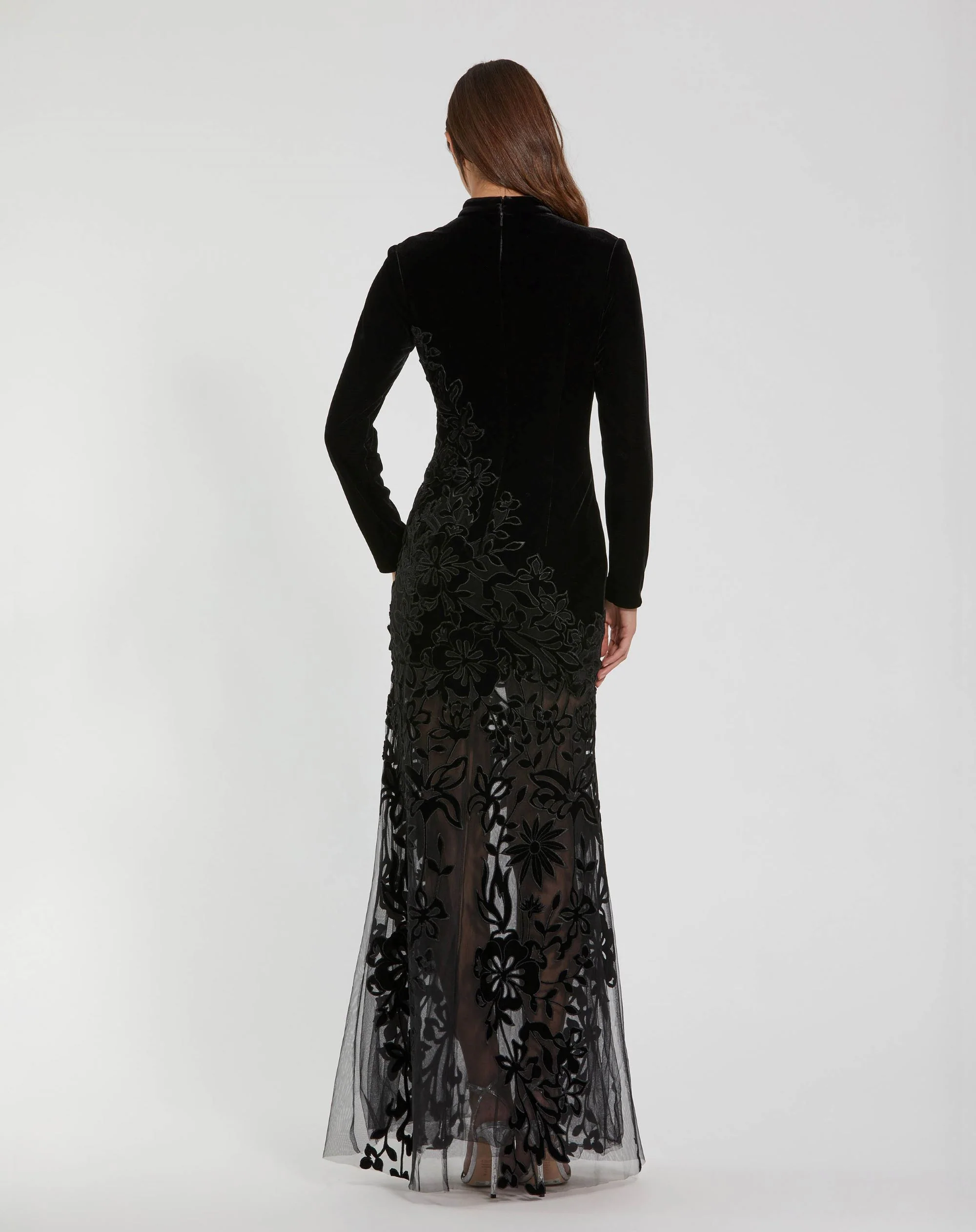 Black Long Sleeve Sheer Floral Embroidered Velvet Gown