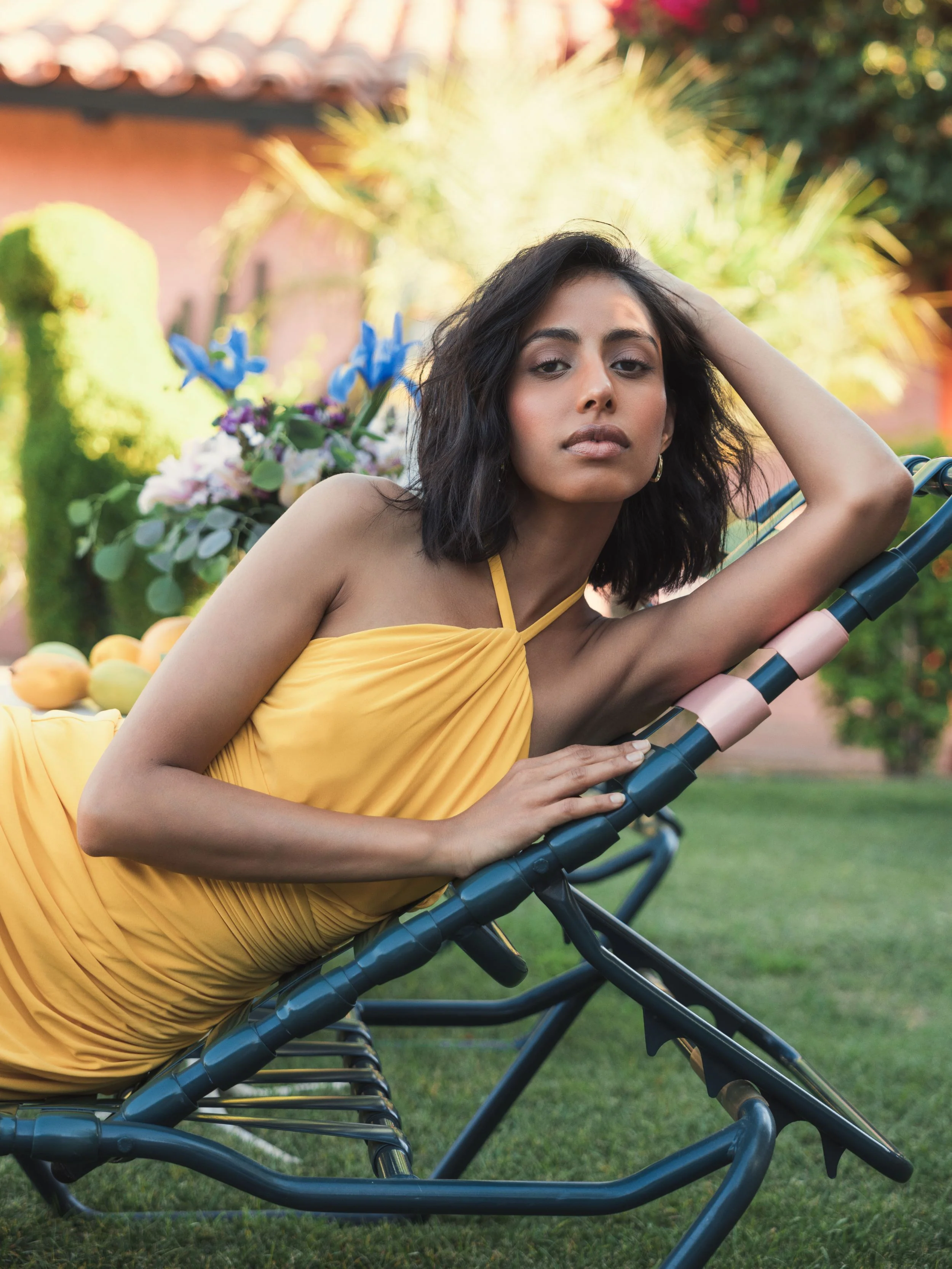 Yellow Halter Neck Ruched Side Front Slit Gown