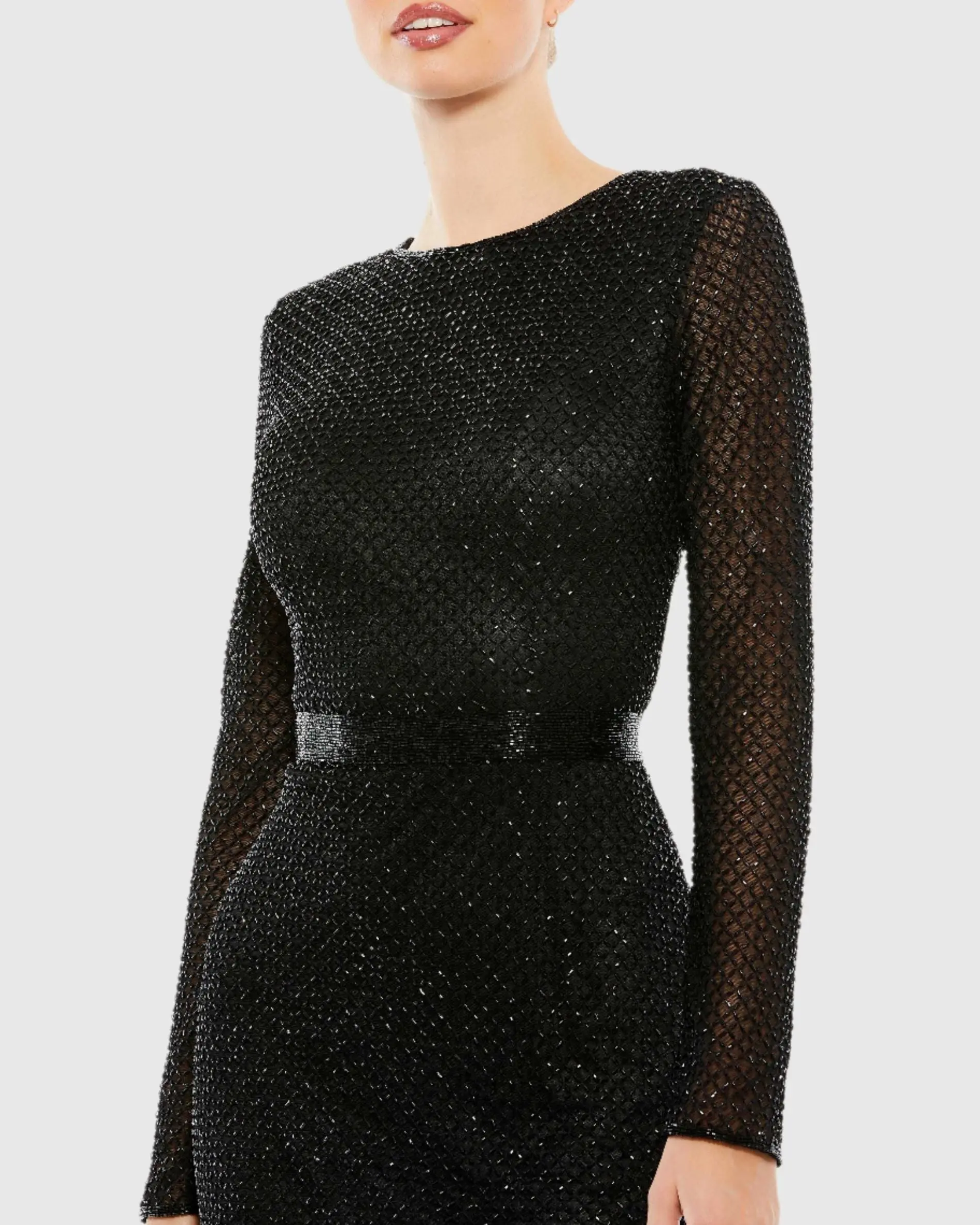 Long Sleeve Lattice Beaded Midi Cocktail Dress