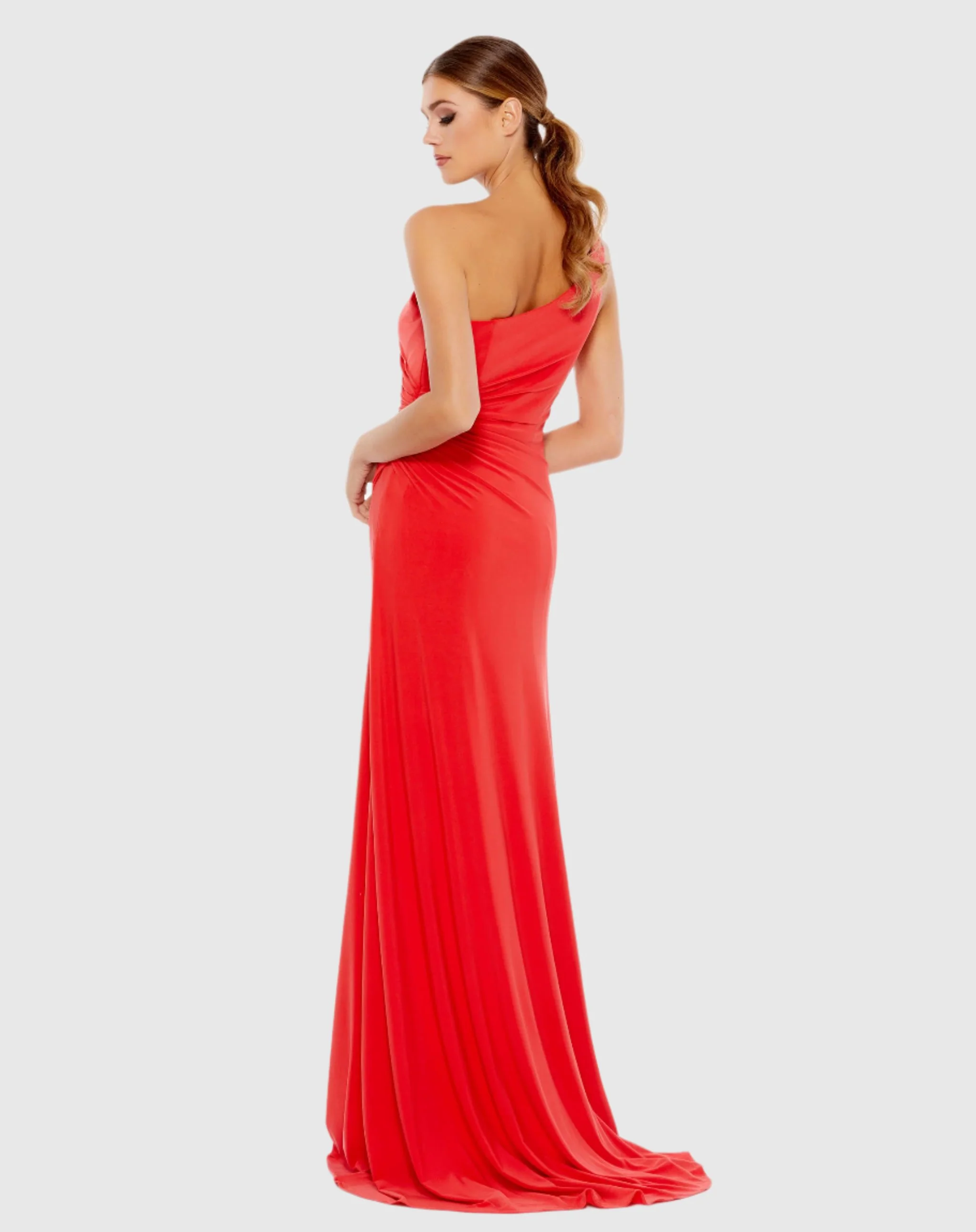 Red One Shoulder Ruched Jersey Evening Gown