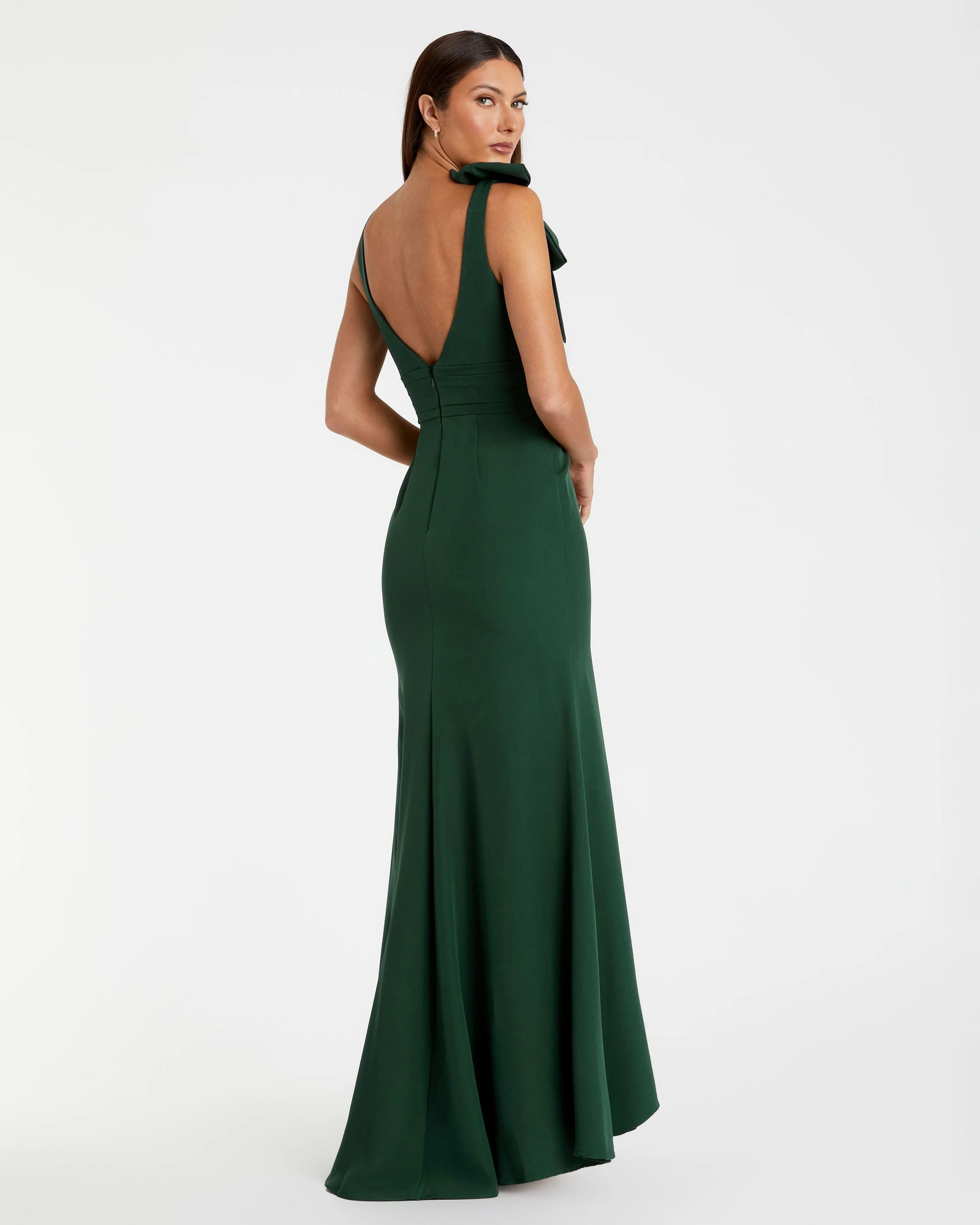 Dark Green Sleeveless V Neck Bow Detail Mermaid Gown