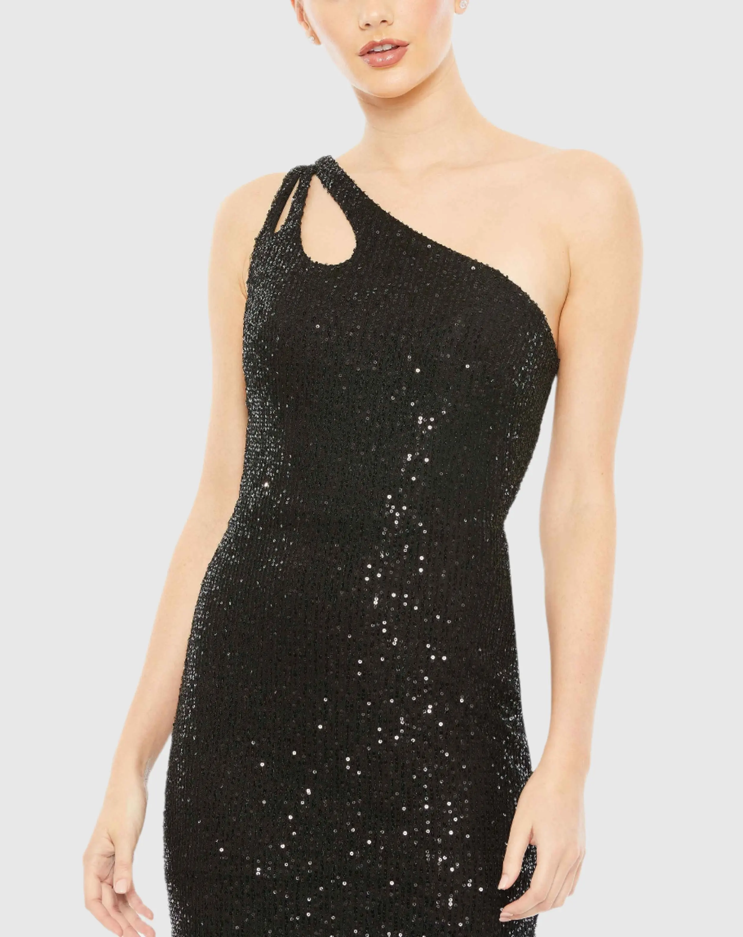 Black Sequined Strappy One Shoulder Column Gown